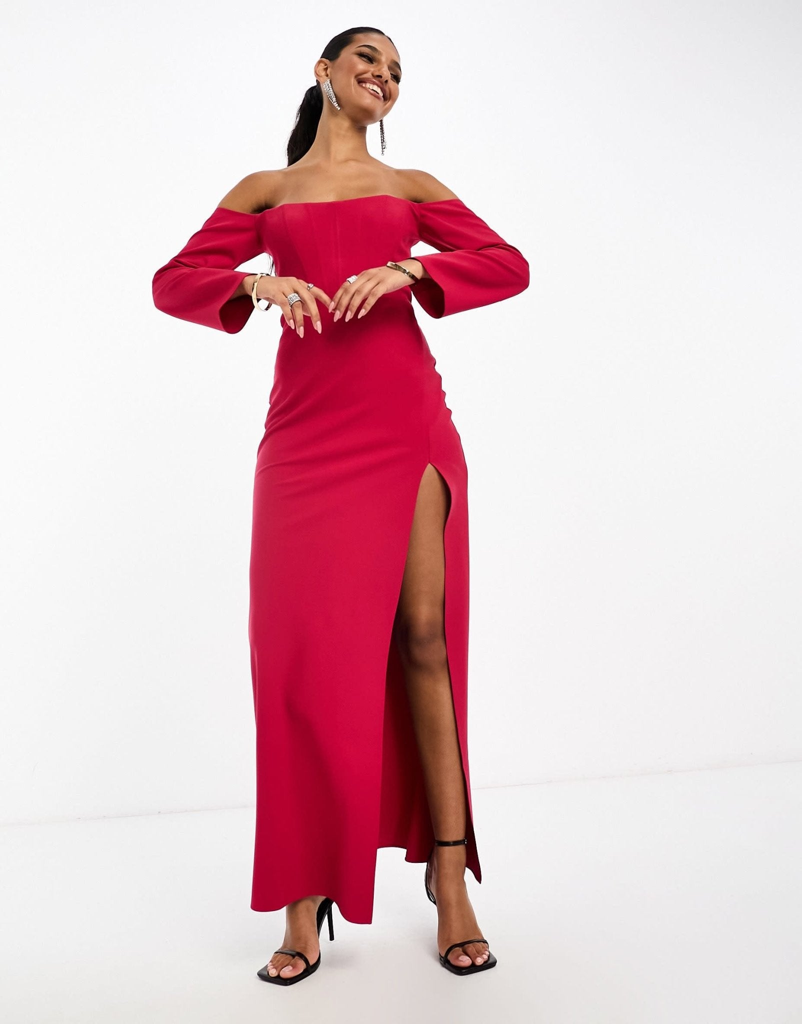 ASOS DESIGN bardot long sleeve maxi dress with corset detail in pink - ASOS Sample Sale