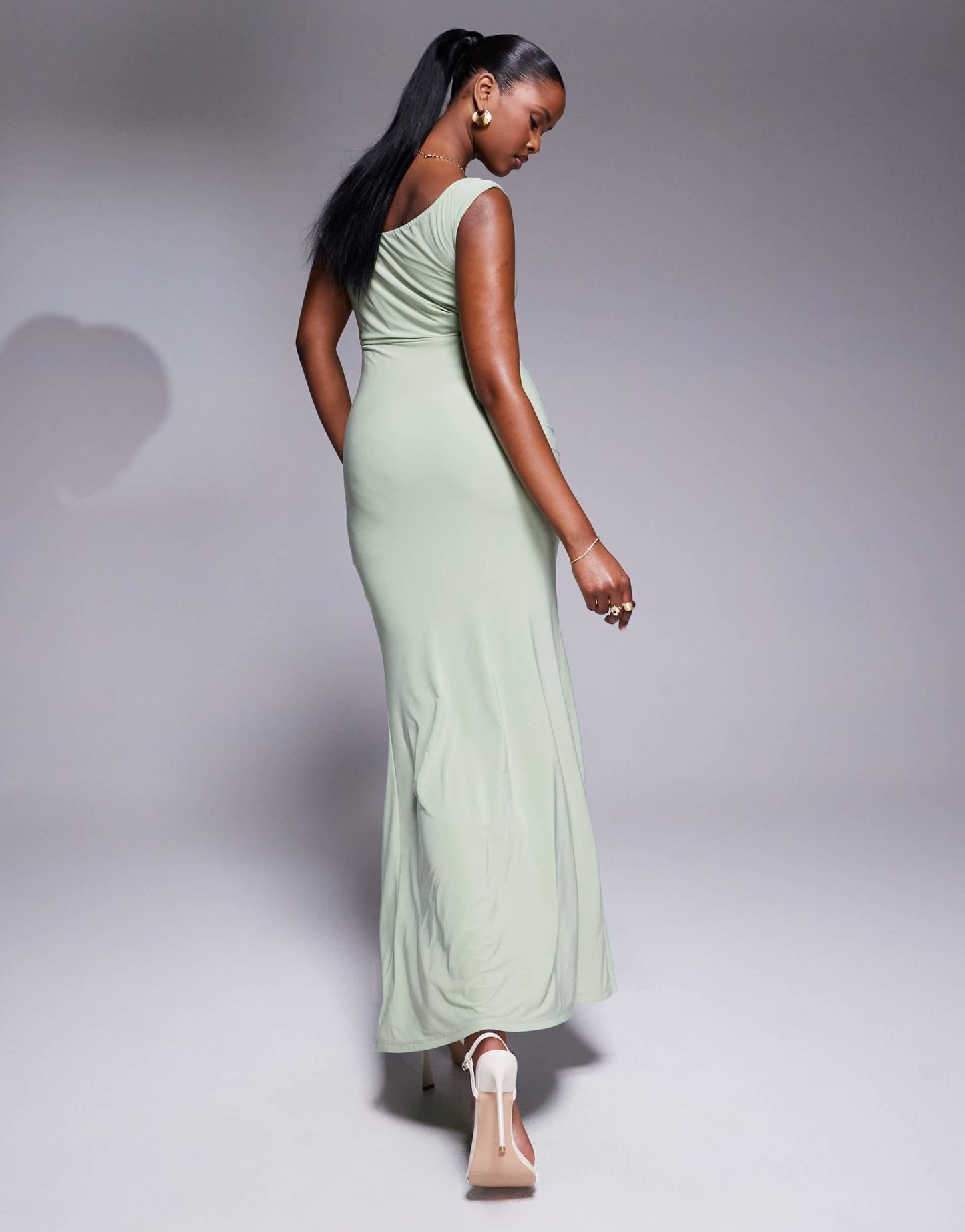 ASOS DESIGN bardot maxi dress with lace sides and split in sage green - ASOS Sample Sale