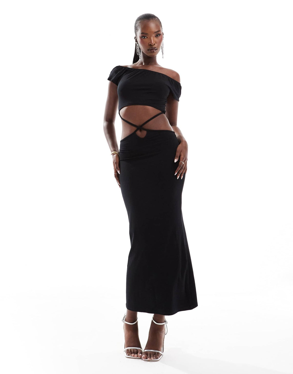 ASOS DESIGN bardot midi dress with cross strap detailing and back tie in black - ASOS Sample Sale
