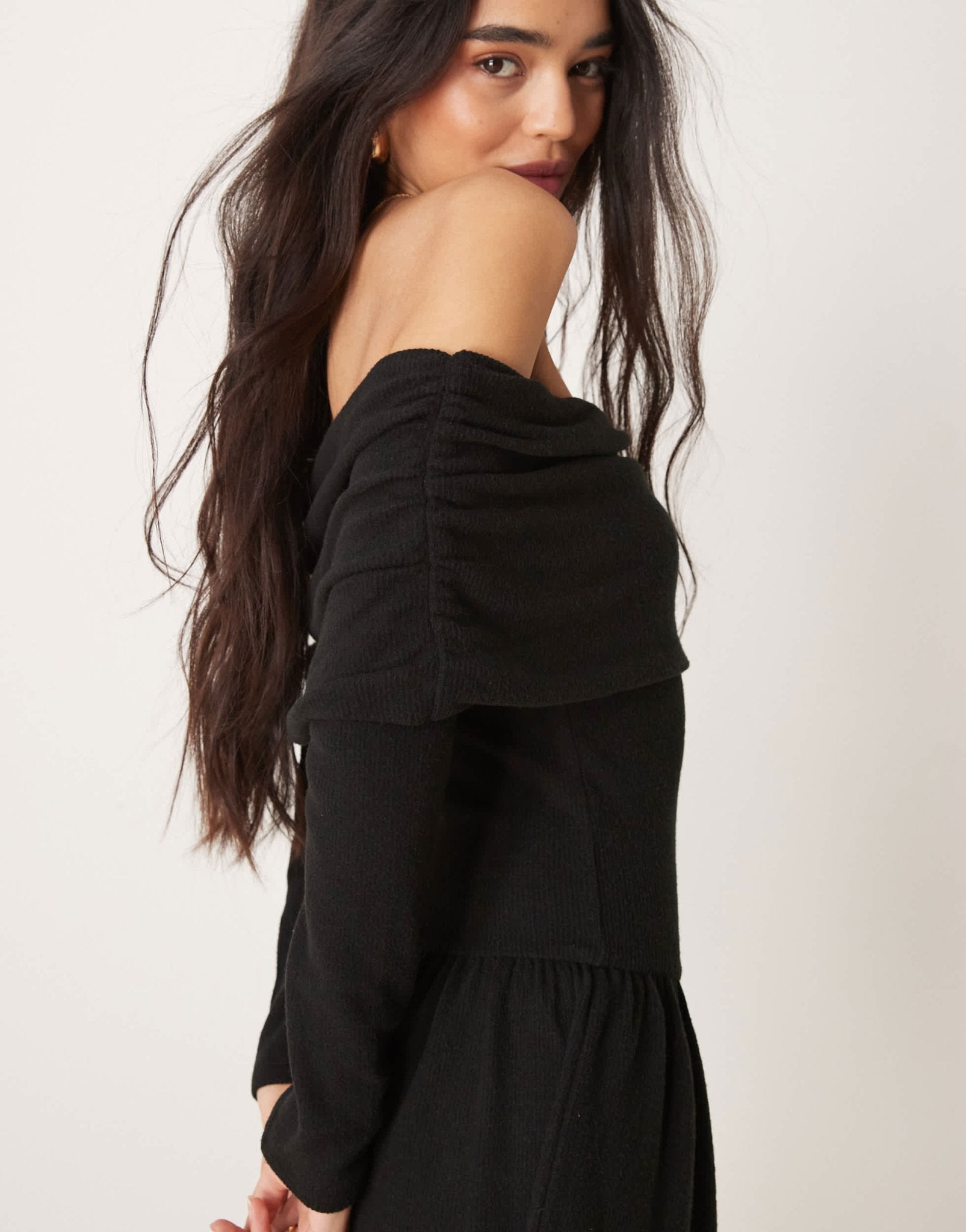 ASOS DESIGN bardot mini dropped waist super soft mini dress in black - ASOS Sample Sale