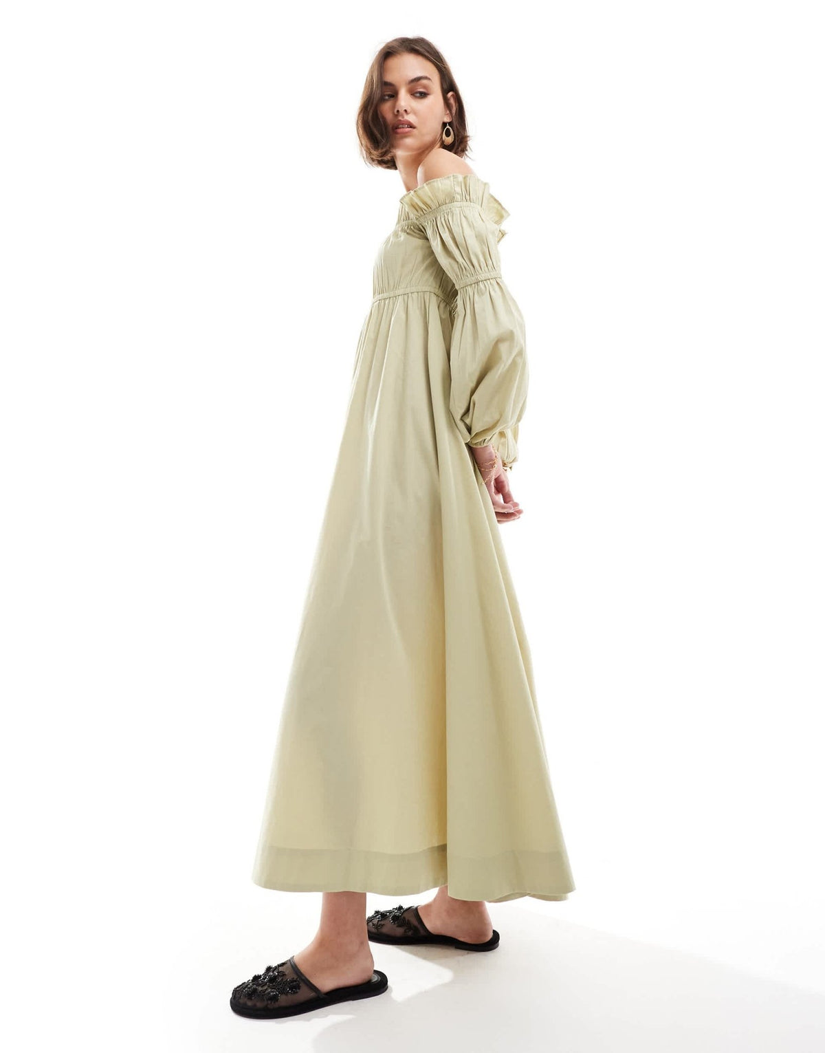 ASOS DESIGN bardot poplin midi smock dress with ruching detail in olive - ASOS Sample Sale