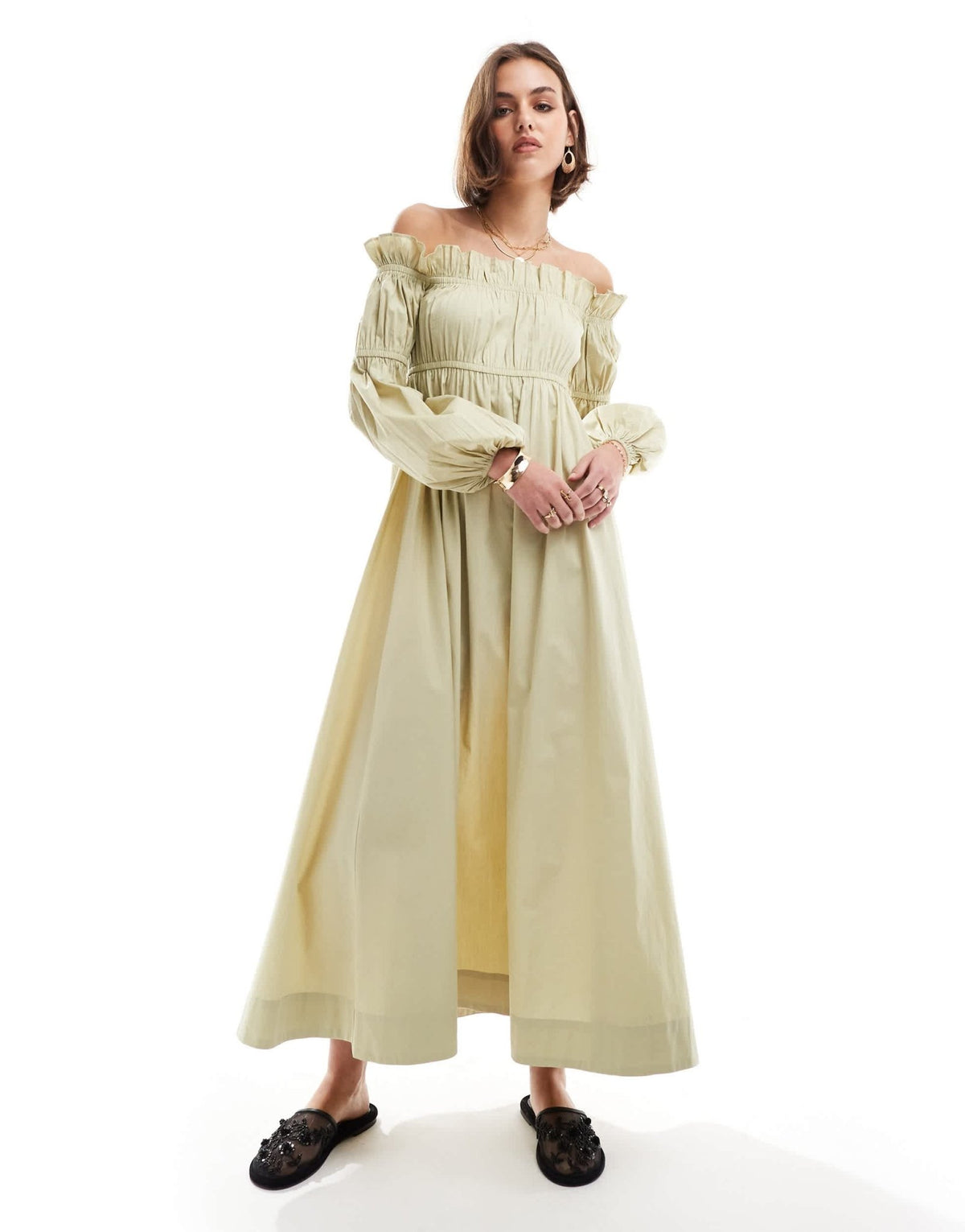 ASOS DESIGN bardot poplin midi smock dress with ruching detail in olive - ASOS Sample Sale