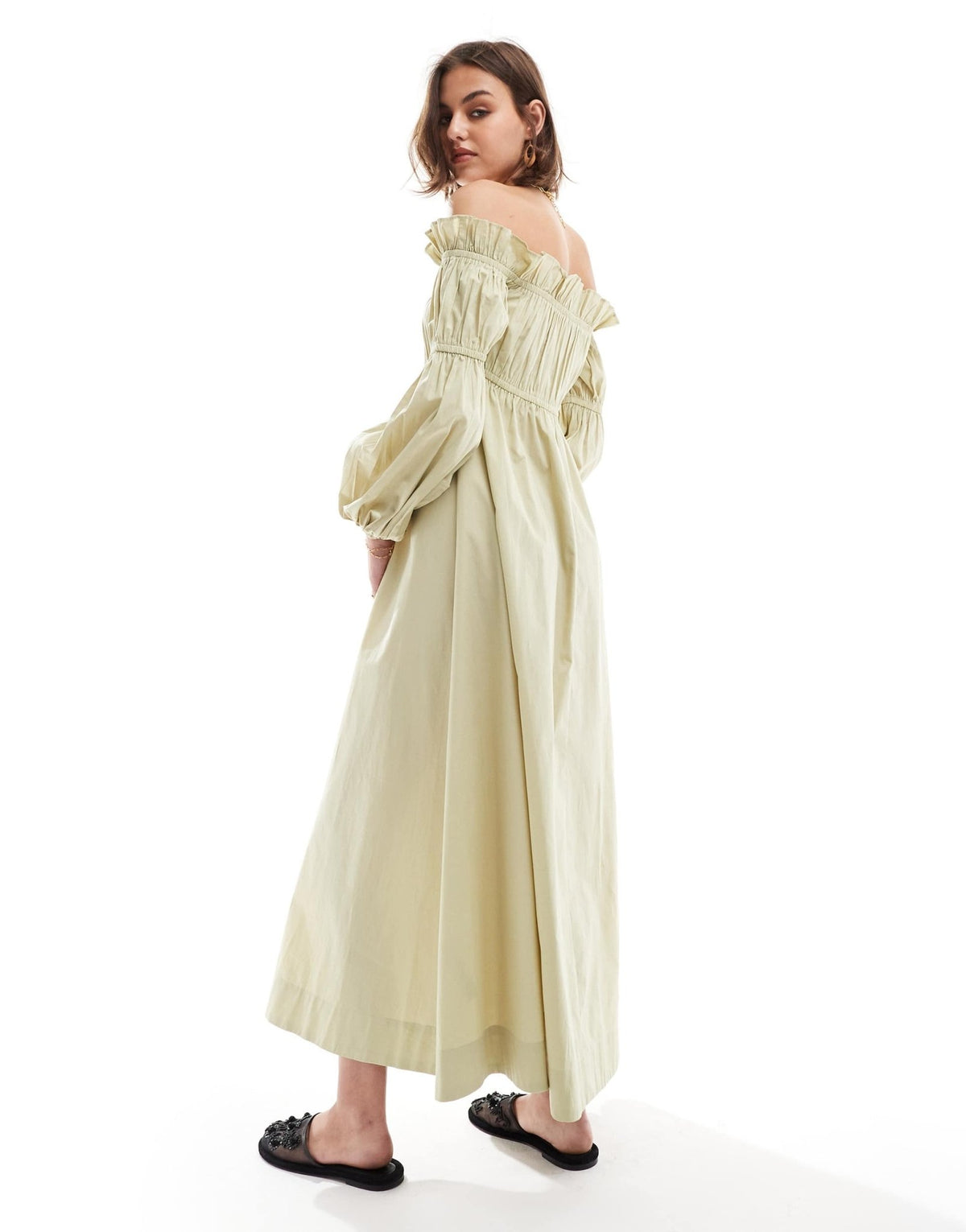 ASOS DESIGN bardot poplin midi smock dress with ruching detail in olive - ASOS Sample Sale
