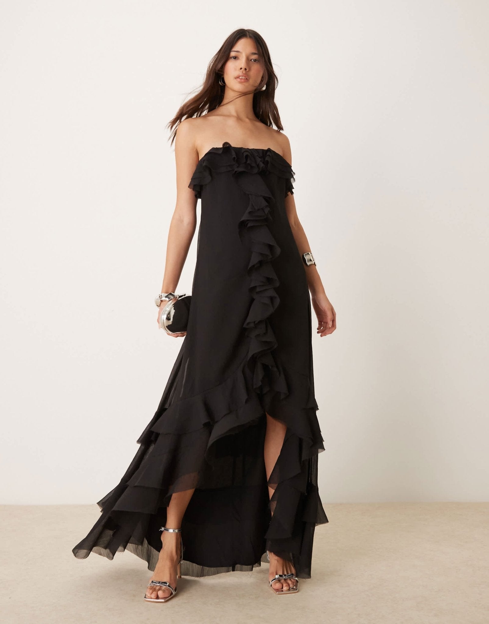 ASOS DESIGN bardot ruffle off shoulder maxi dress in black - ASOS Sample Sale