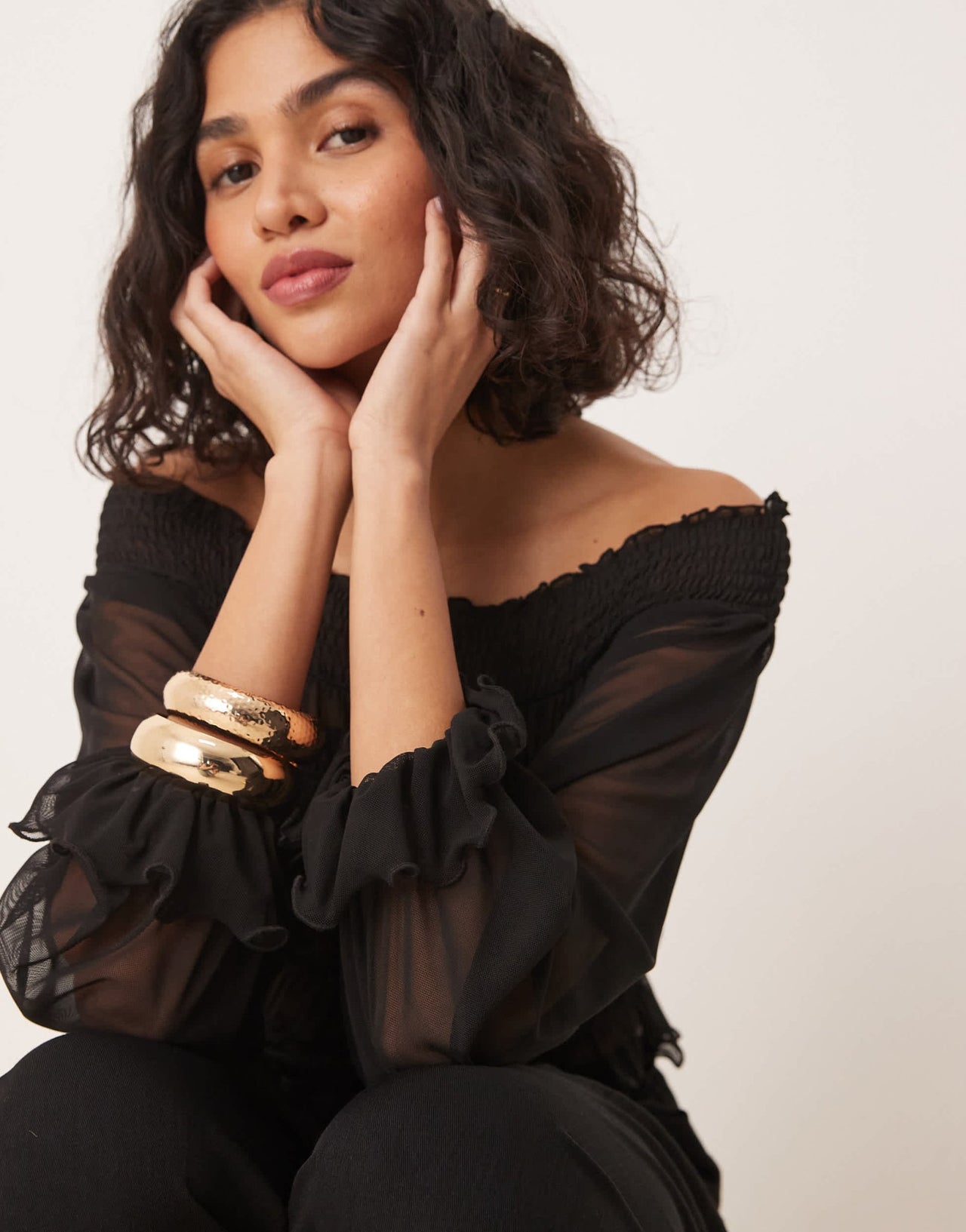 ASOS DESIGN bardot shirred long sleeve top in black - ASOS Sample Sale