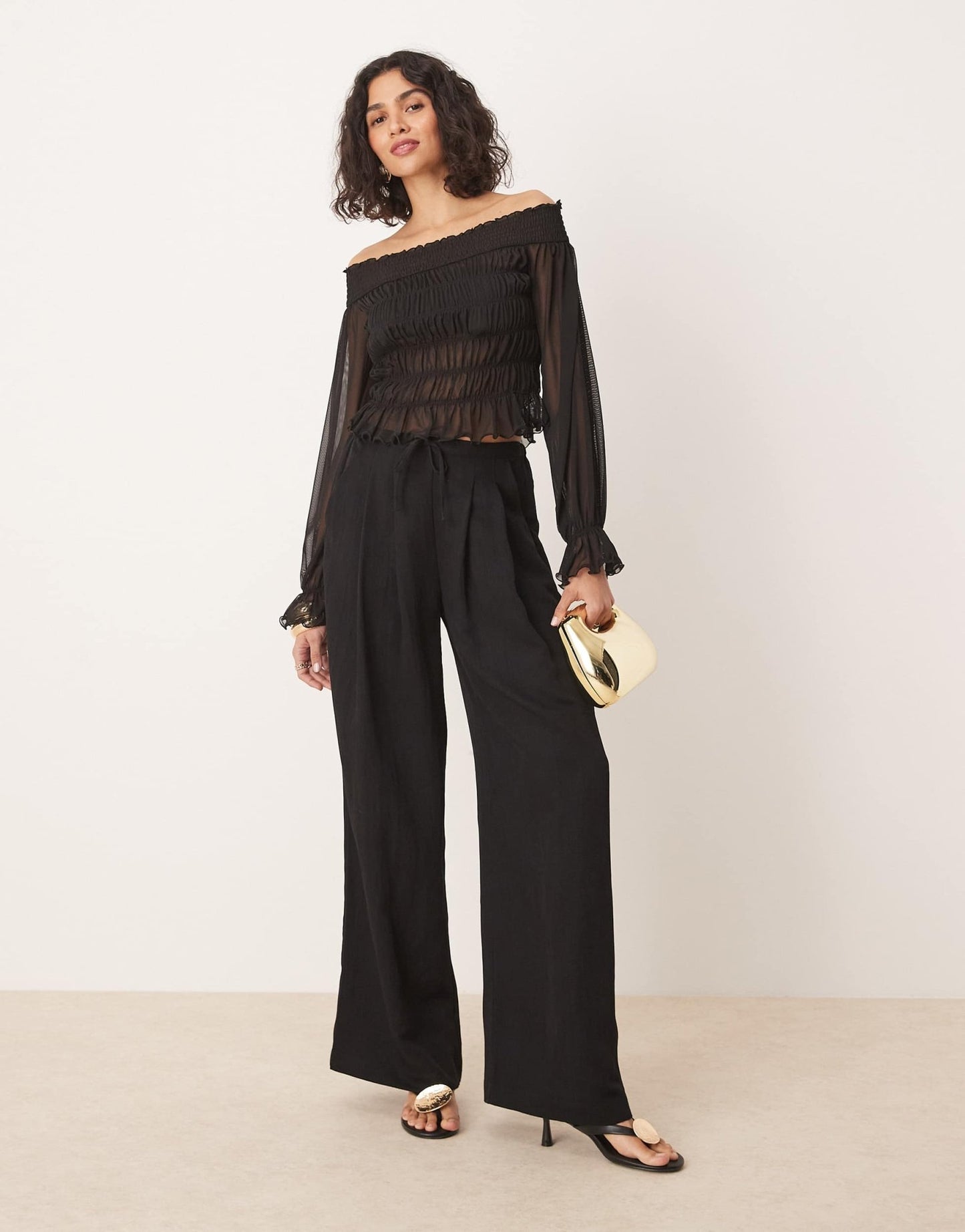 ASOS DESIGN bardot shirred long sleeve top in black - ASOS Sample Sale