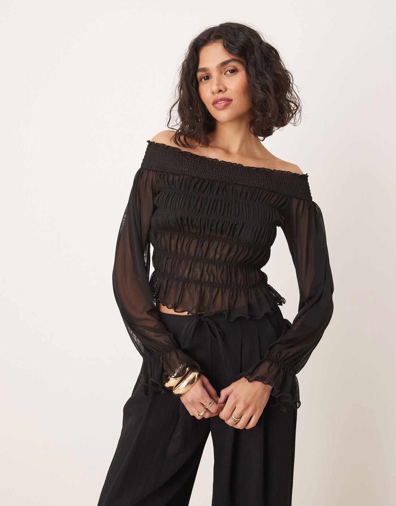 ASOS DESIGN bardot shirred long sleeve top in black - ASOS Sample Sale