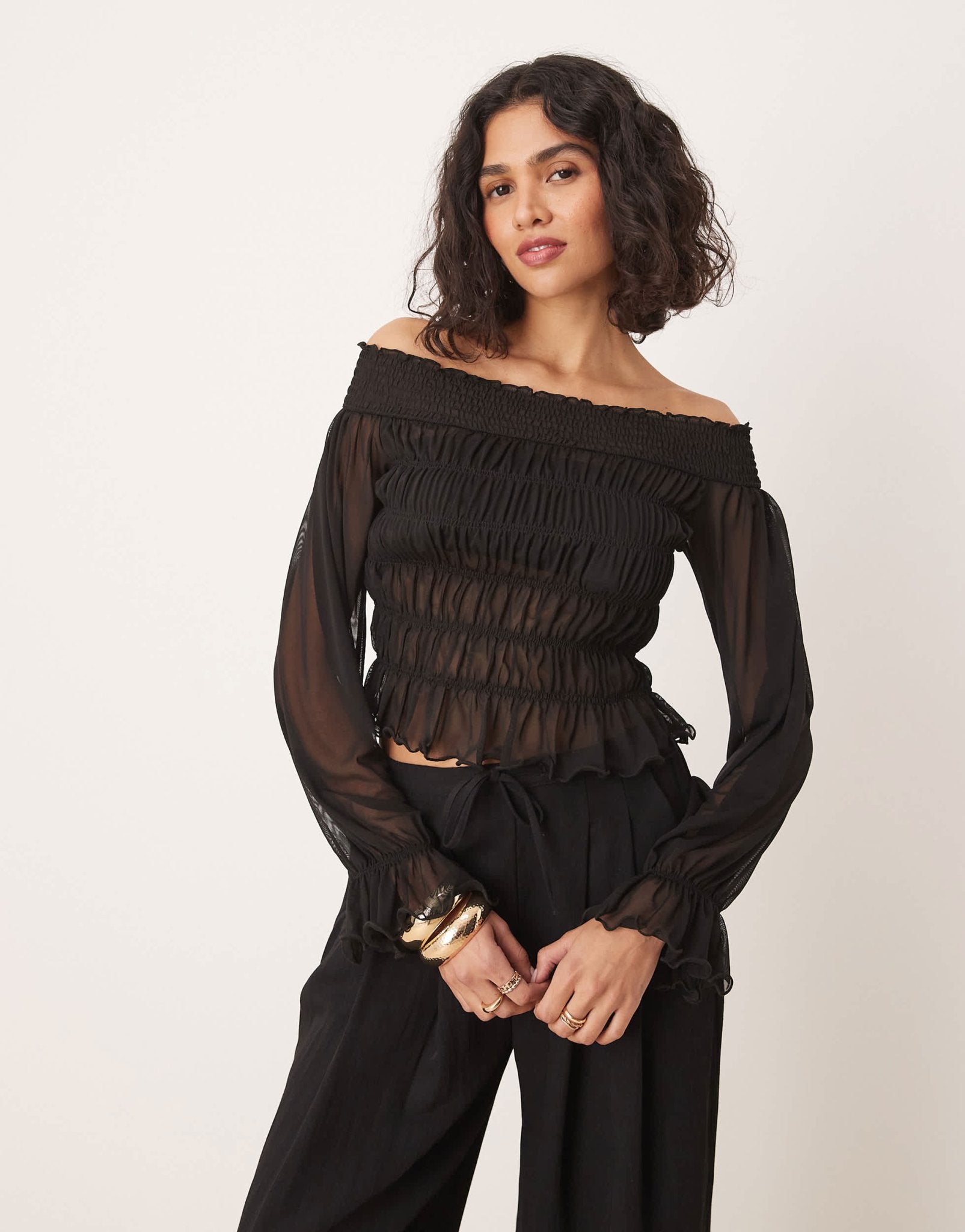 ASOS DESIGN bardot shirred long sleeve top in black - ASOS Sample Sale