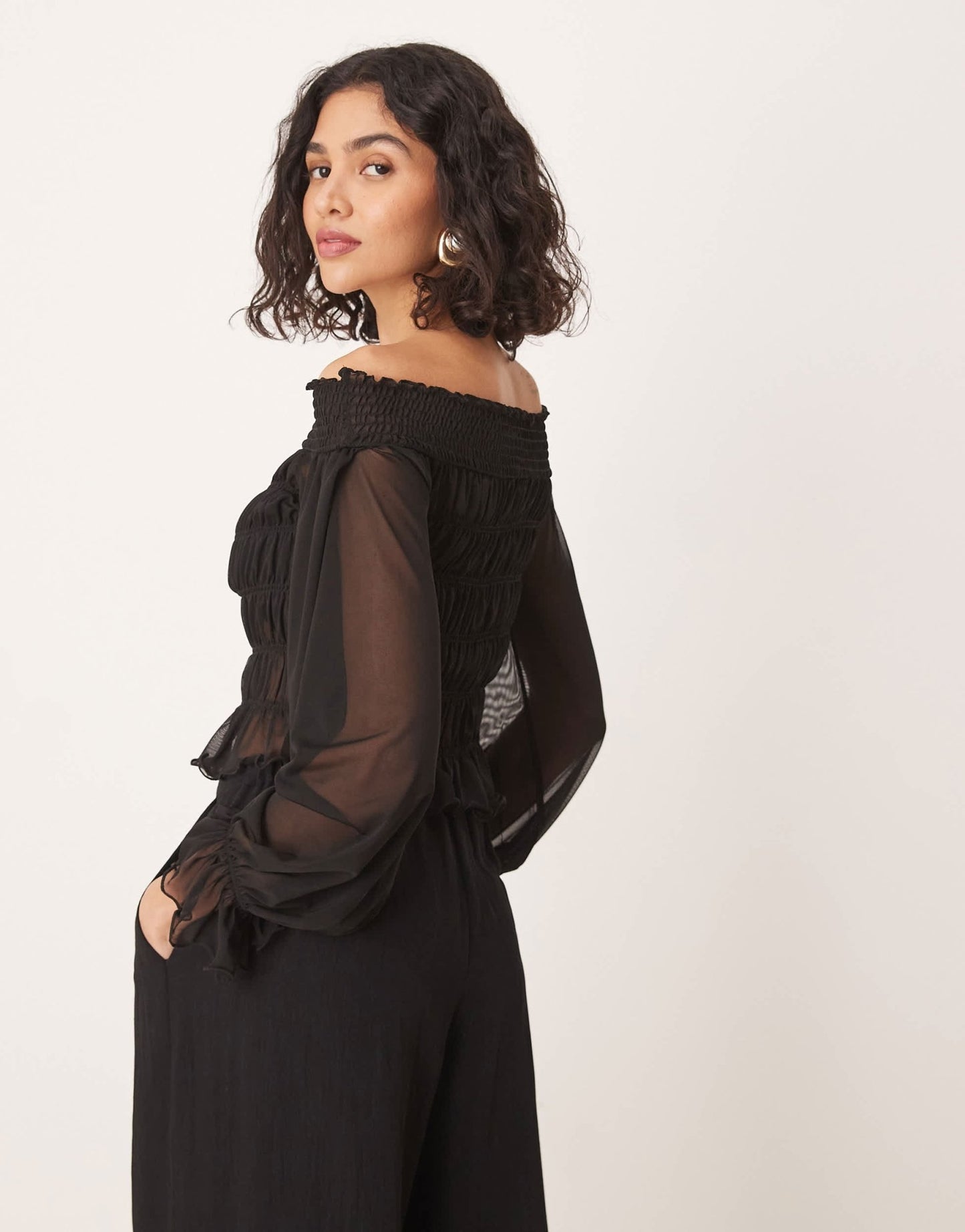 ASOS DESIGN bardot shirred long sleeve top in black - ASOS Sample Sale