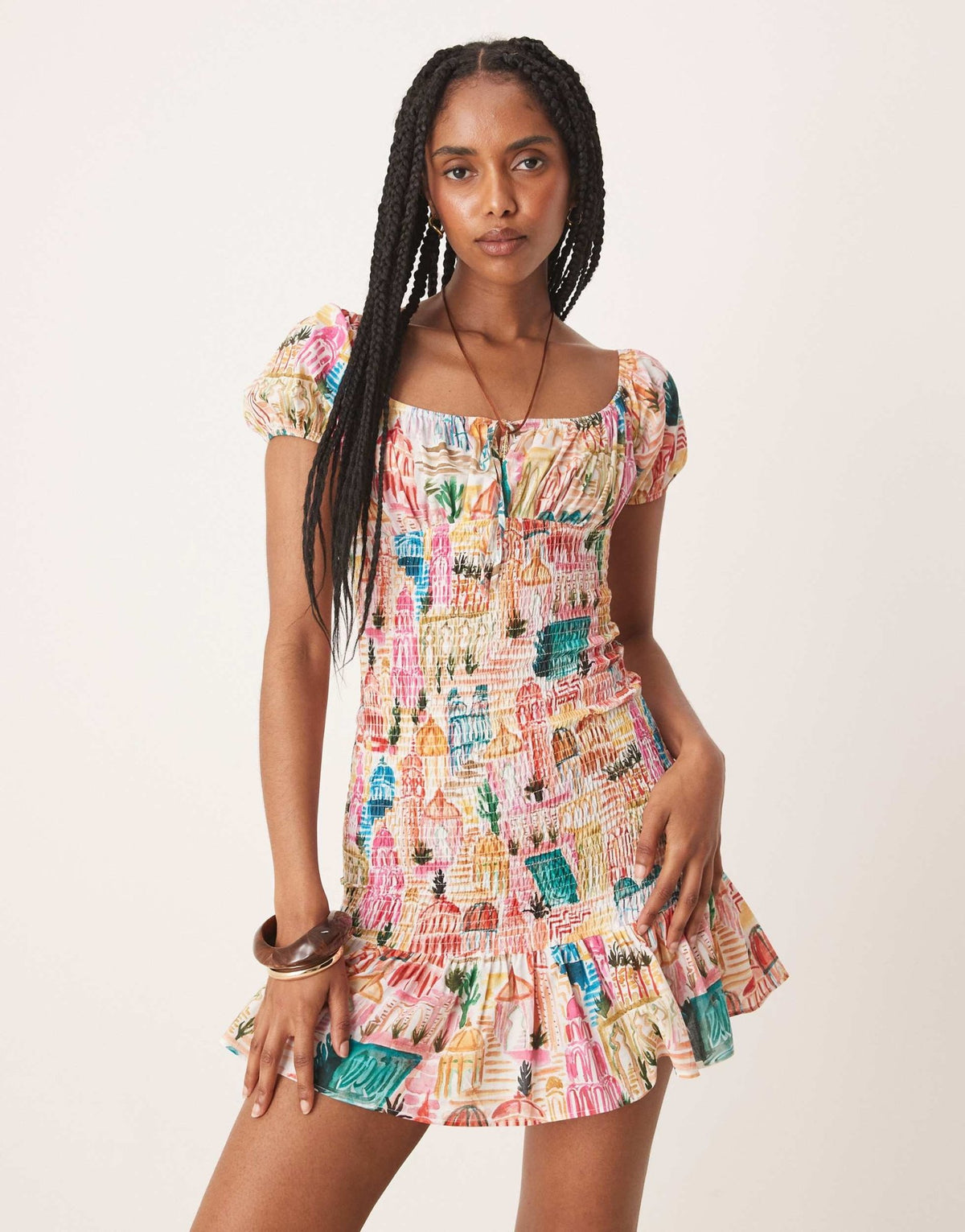 ASOS DESIGN bardot tie front shirred mini dress in floral print - ASOS Sample Sale