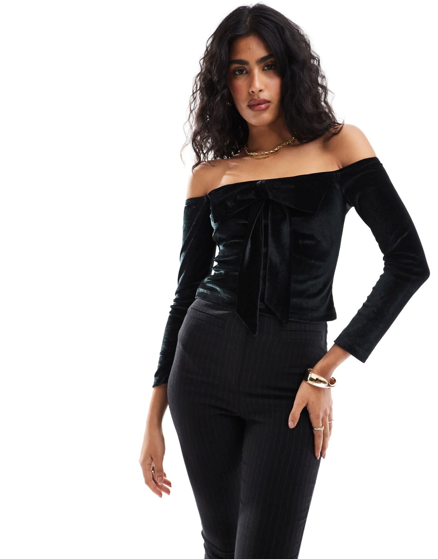 ASOS DESIGN bardot velvet long sleeve top with extreme bow detail in black - ASOS Sample Sale
