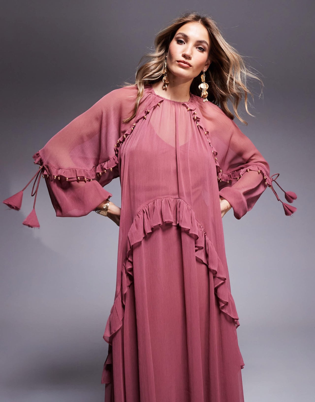ASOS DESIGN beaded ruffle maxi dress with tassels in berry pink - ASOS Sample Sale