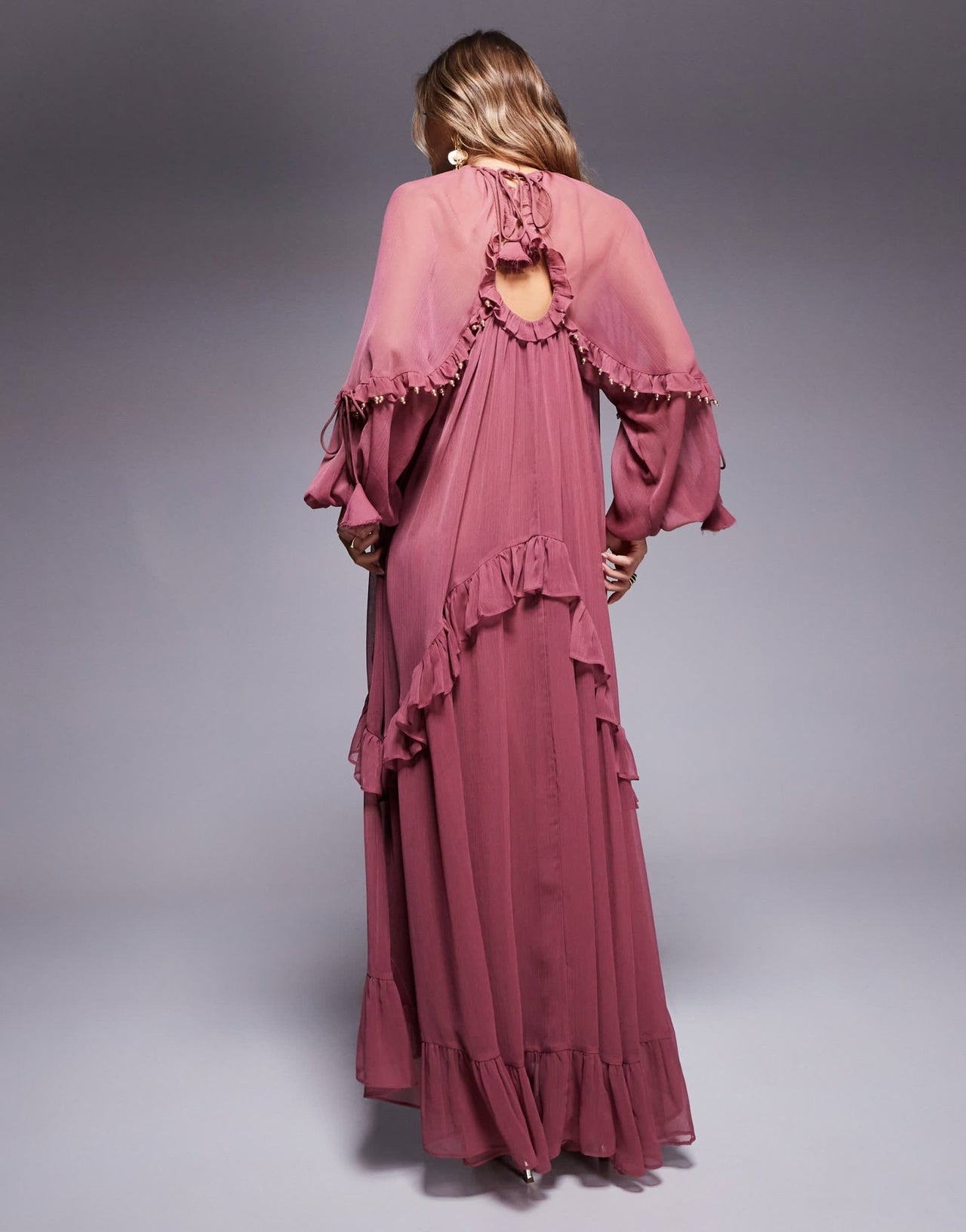 ASOS DESIGN beaded ruffle maxi dress with tassels in berry pink - ASOS Sample Sale