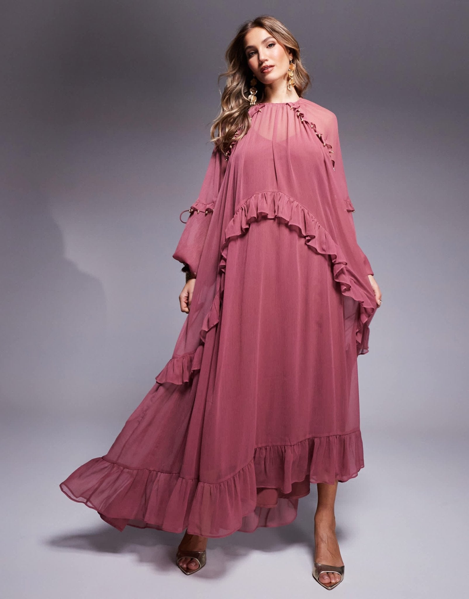 ASOS DESIGN beaded ruffle maxi dress with tassels in berry pink - ASOS Sample Sale