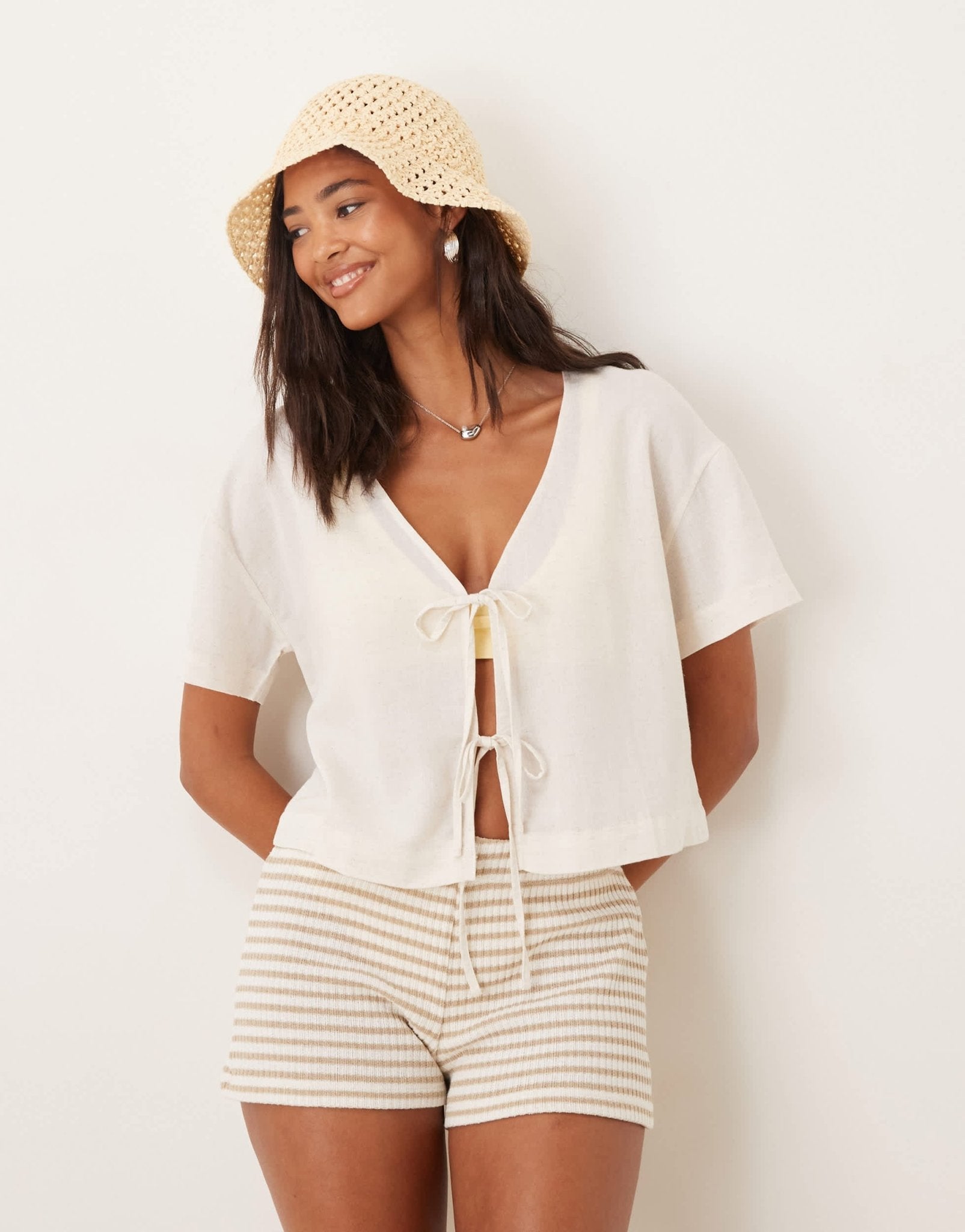 ASOS DESIGN Belle linen blend beach tie front top in natural - ASOS Sample Sale