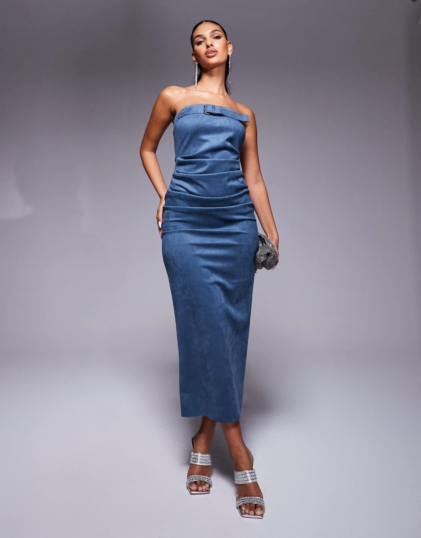 ASOS DESIGN belt detail bandeau faux suede midi dress in petrol blue - ASOS Sample Sale