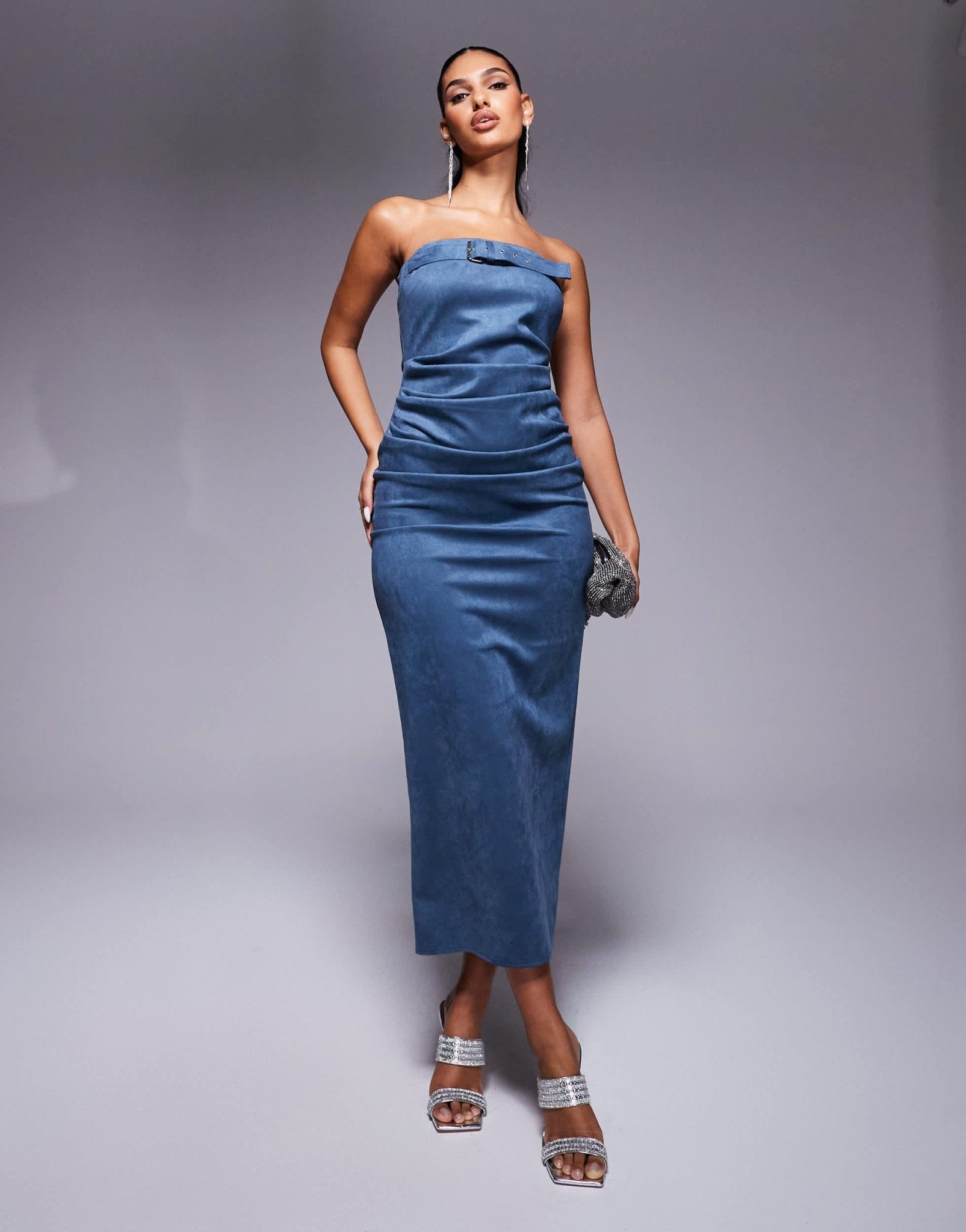 ASOS DESIGN belt detail bandeau faux suede midi dress in petrol blue - ASOS Sample Sale