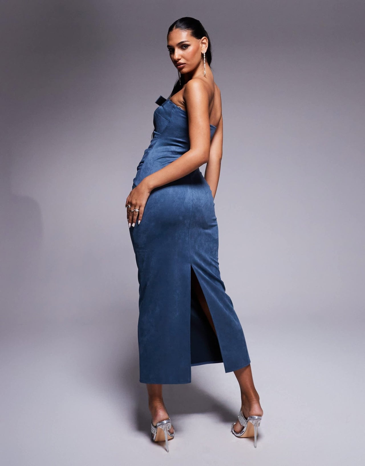 ASOS DESIGN belt detail bandeau faux suede midi dress in petrol blue - ASOS Sample Sale
