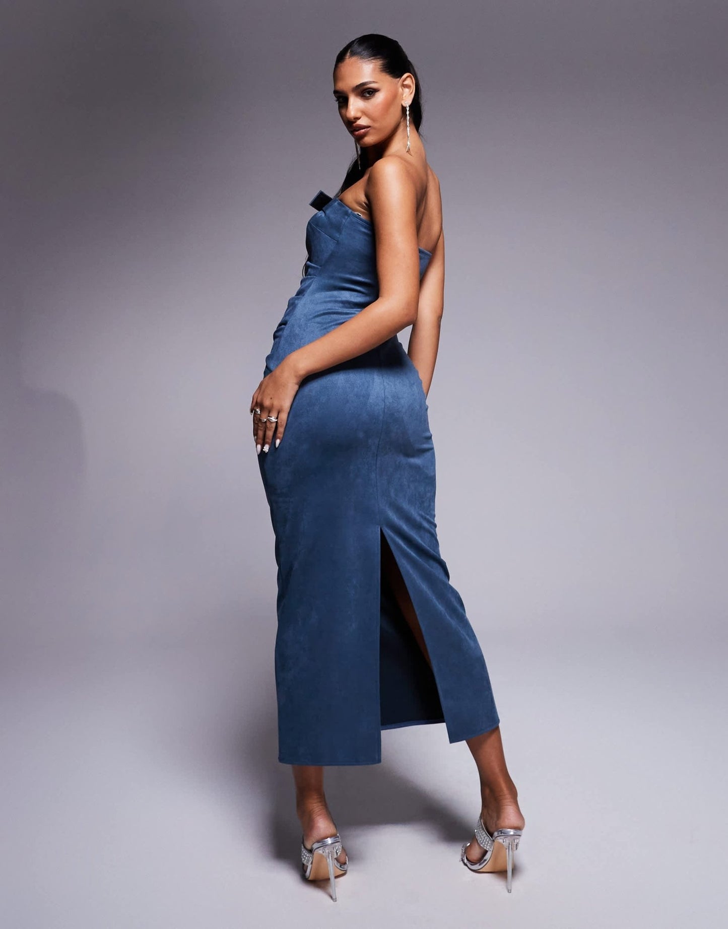 ASOS DESIGN belt detail bandeau faux suede midi dress in petrol blue - ASOS Sample Sale