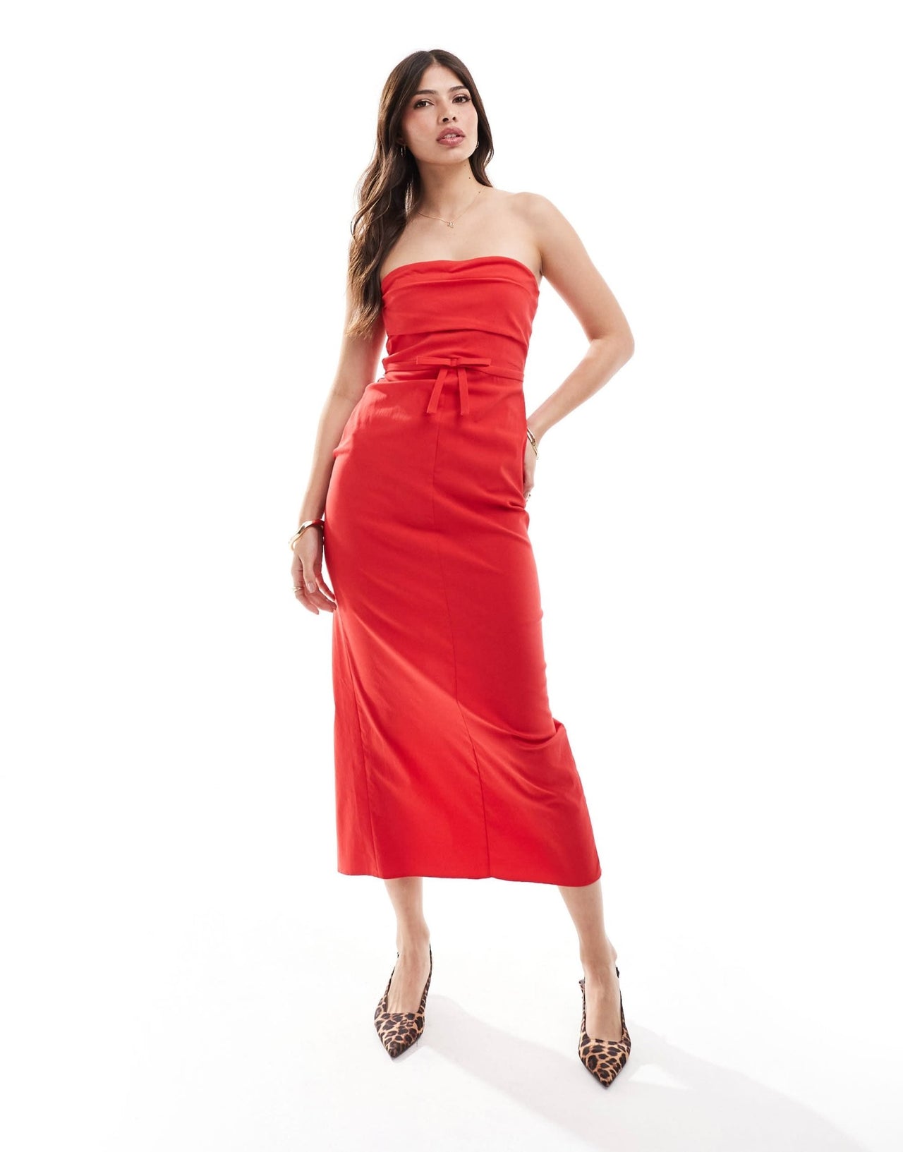 ASOS DESIGN bengaline bandeau midi dress with bow waist detail in red - ASOS Sample Sale