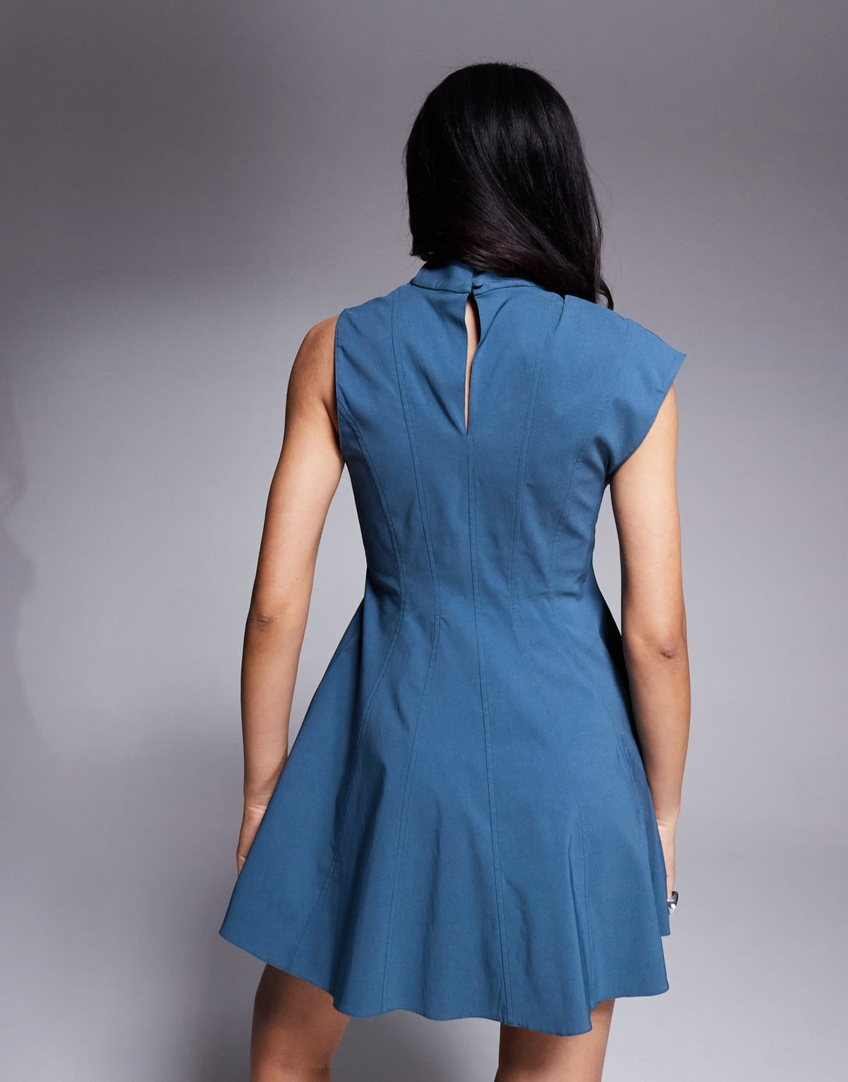 ASOS DESIGN bengaline high neck asymmetric sleeve seamed mini skater dress in denim blue - ASOS Sample Sale