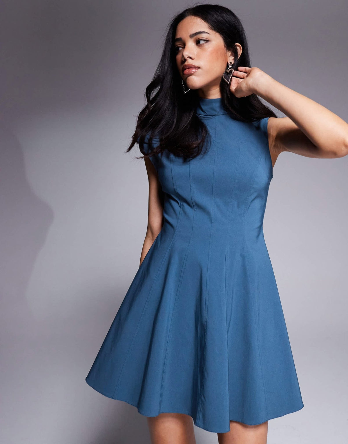 ASOS DESIGN bengaline high neck asymmetric sleeve seamed mini skater dress in denim blue - ASOS Sample Sale