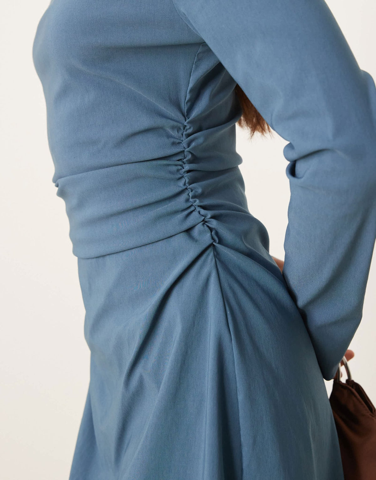 ASOS DESIGN bengaline high neck long sleeve mini dress with ruching detail in denim blue - ASOS Sample Sale