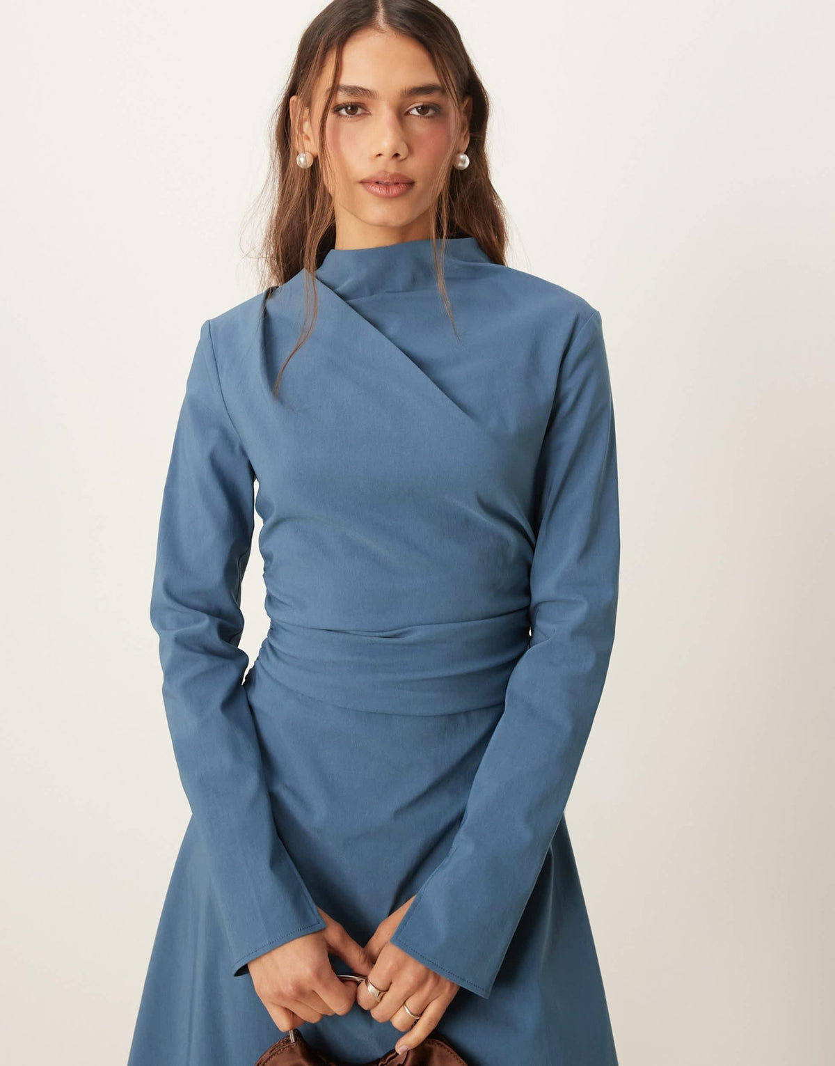 ASOS DESIGN bengaline high neck long sleeve mini dress with ruching detail in denim blue - ASOS Sample Sale