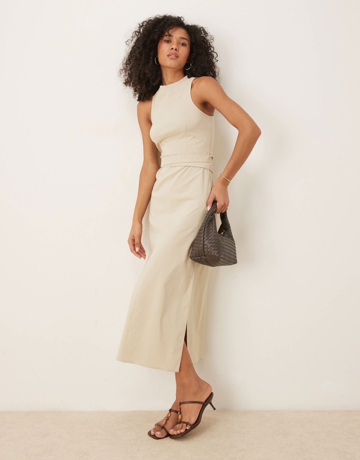 ASOS DESIGN bengaline pencil midi dress with wrap around button belt in stone - ASOS Sample Sale