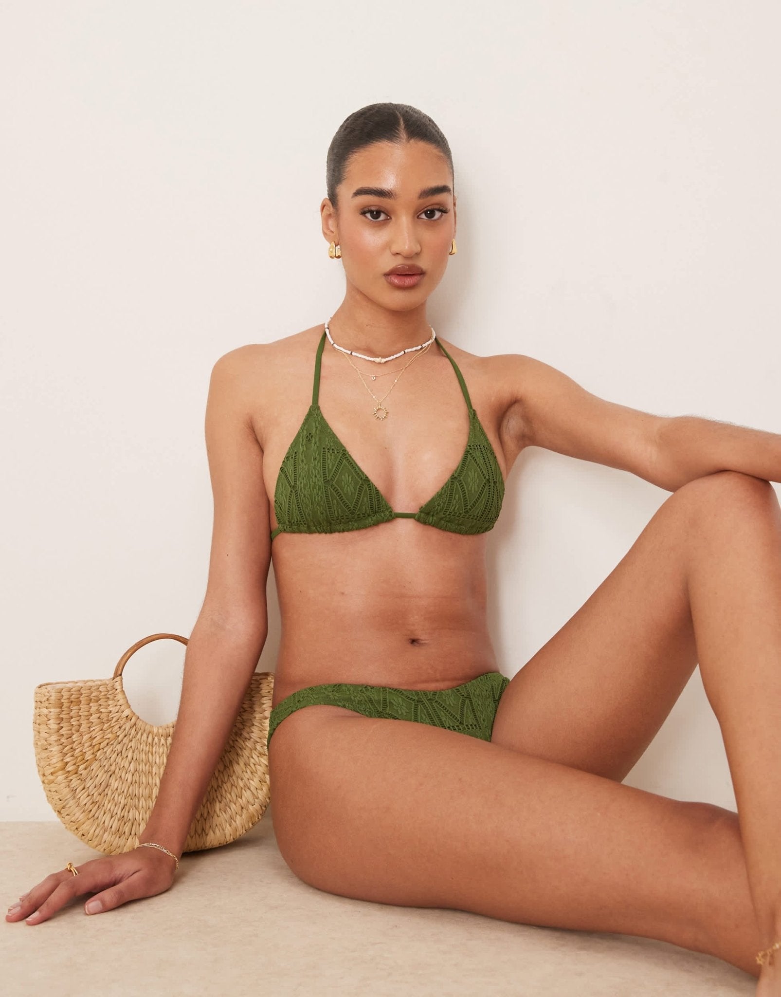 ASOS DESIGN Bertie broderie high leg bikini bottom in olive green - ASOS Sample Sale