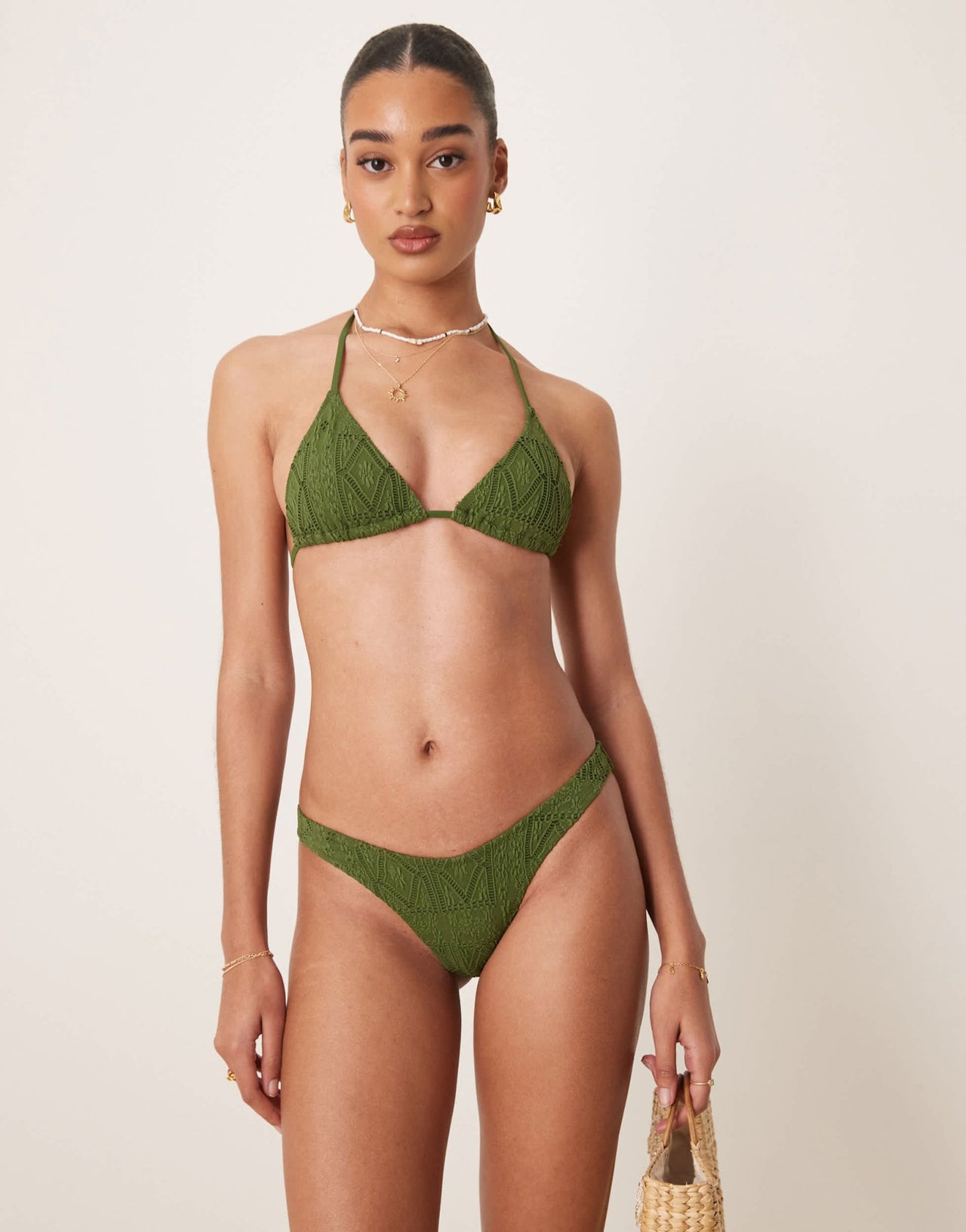 ASOS DESIGN Bertie broderie high leg bikini bottom in olive green - ASOS Sample Sale