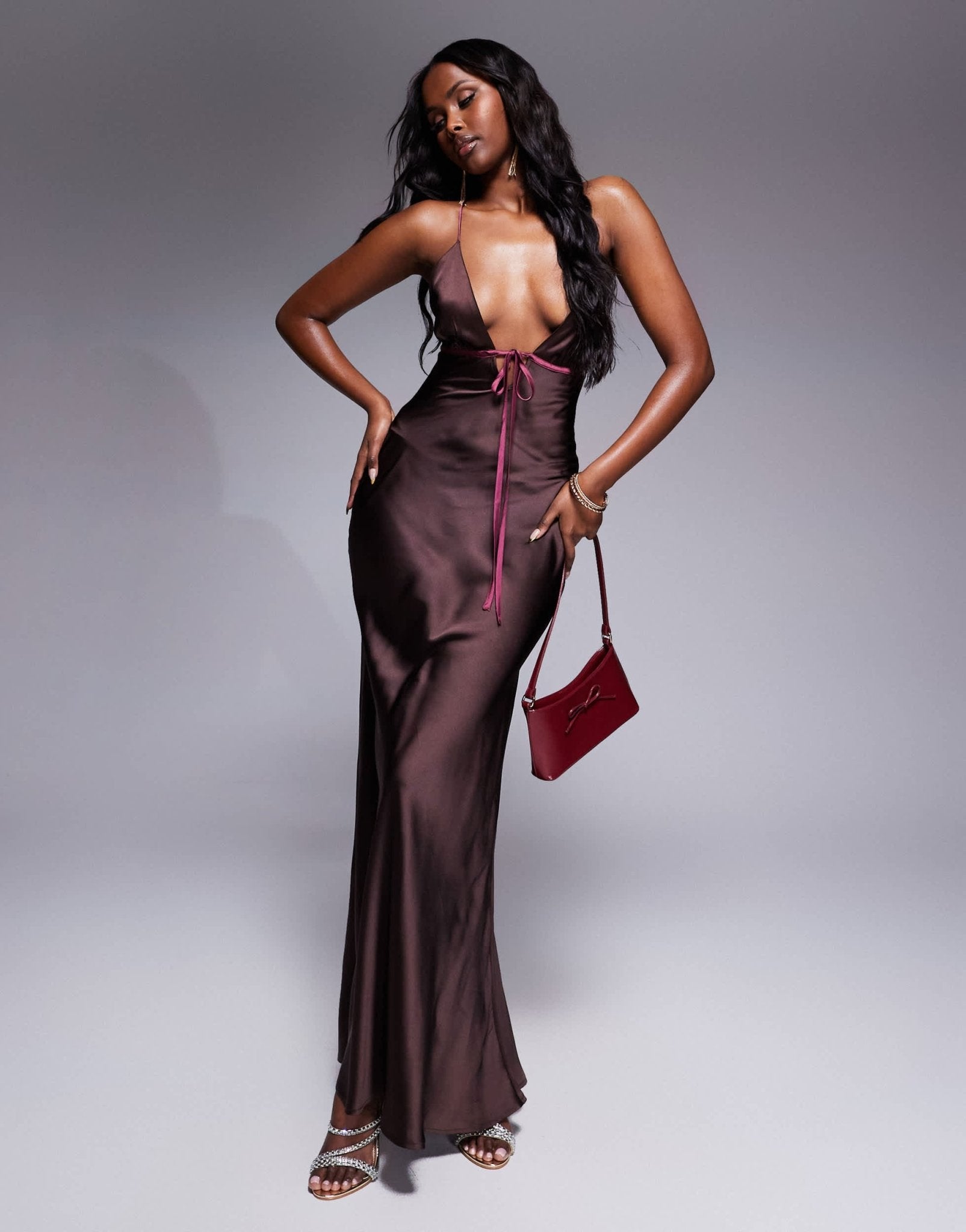 ASOS DESIGN bias cut cami maxi dress with contrast tie detail in mocha brown - ASOS Sample Sale