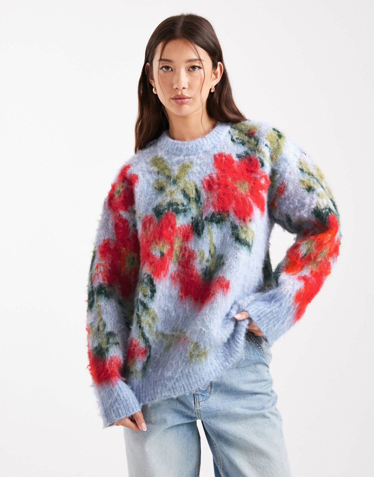 ASOS DESIGN blurred floral oversized crew neck jumper in blue - ASOS Sample Sale