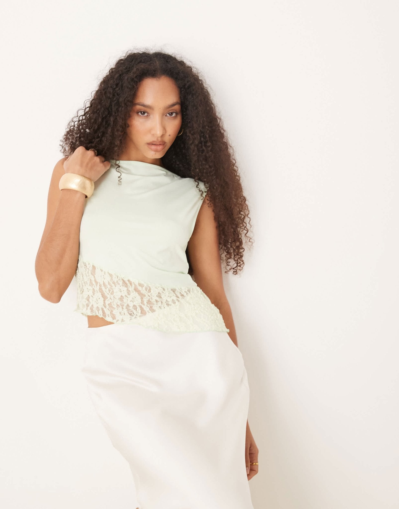 ASOS DESIGN boat neck lace asymmetric top in pastel green - ASOS Sample Sale