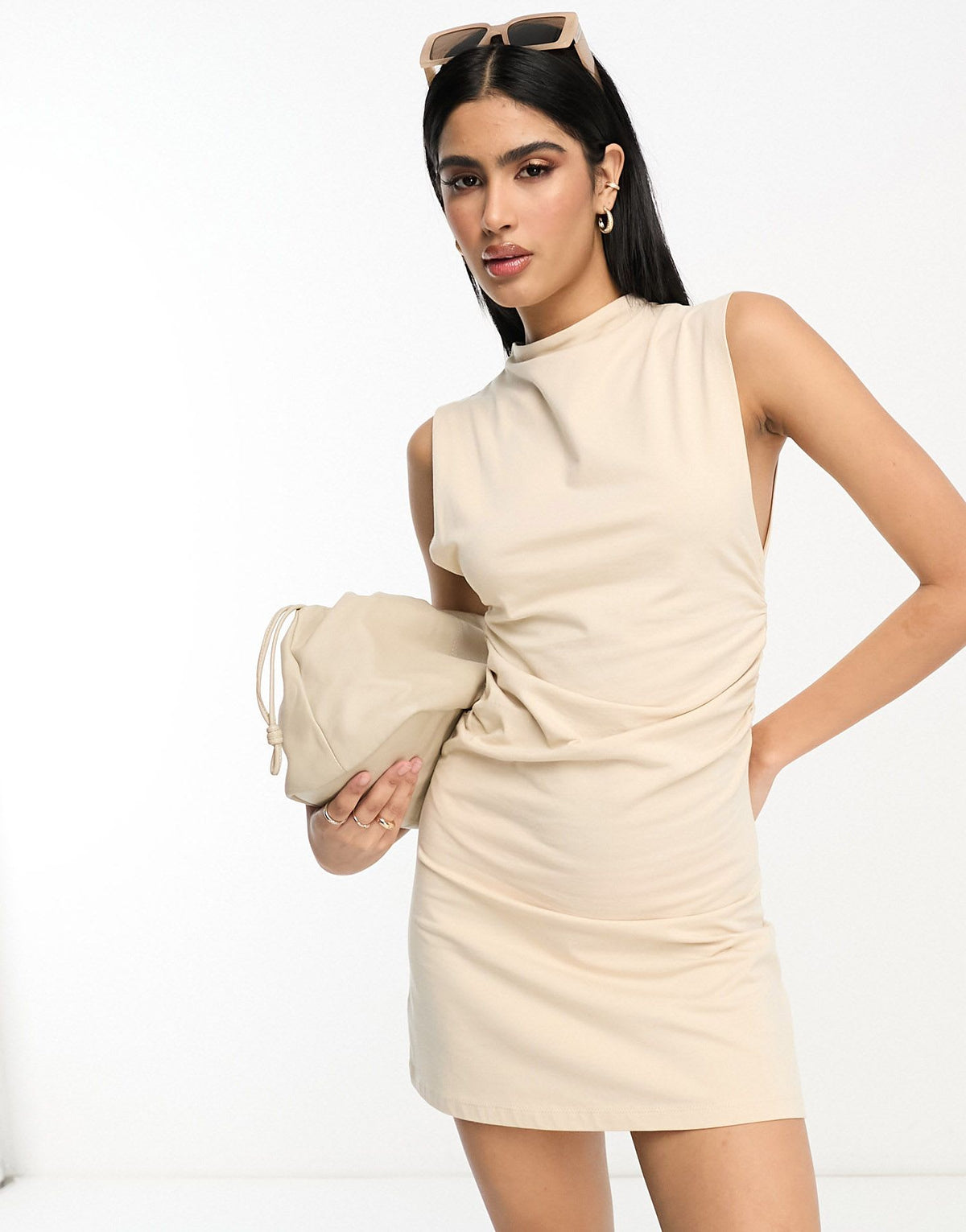 ASOS DESIGN boat neck mini dress with ruched sides in stone - ASOS Sample Sale