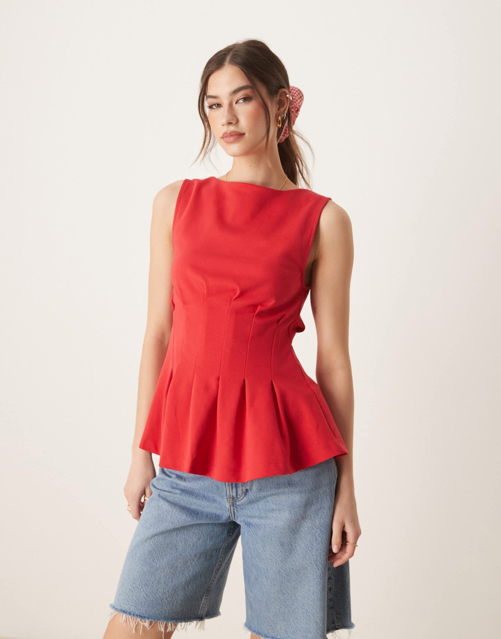 ASOS DESIGN boat neck pleat waist tank in red - ASOS Sample Sale