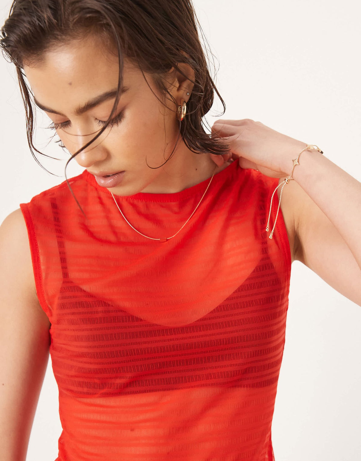 ASOS DESIGN boat neck short sleeve mesh shirred top in red - ASOS Sample Sale