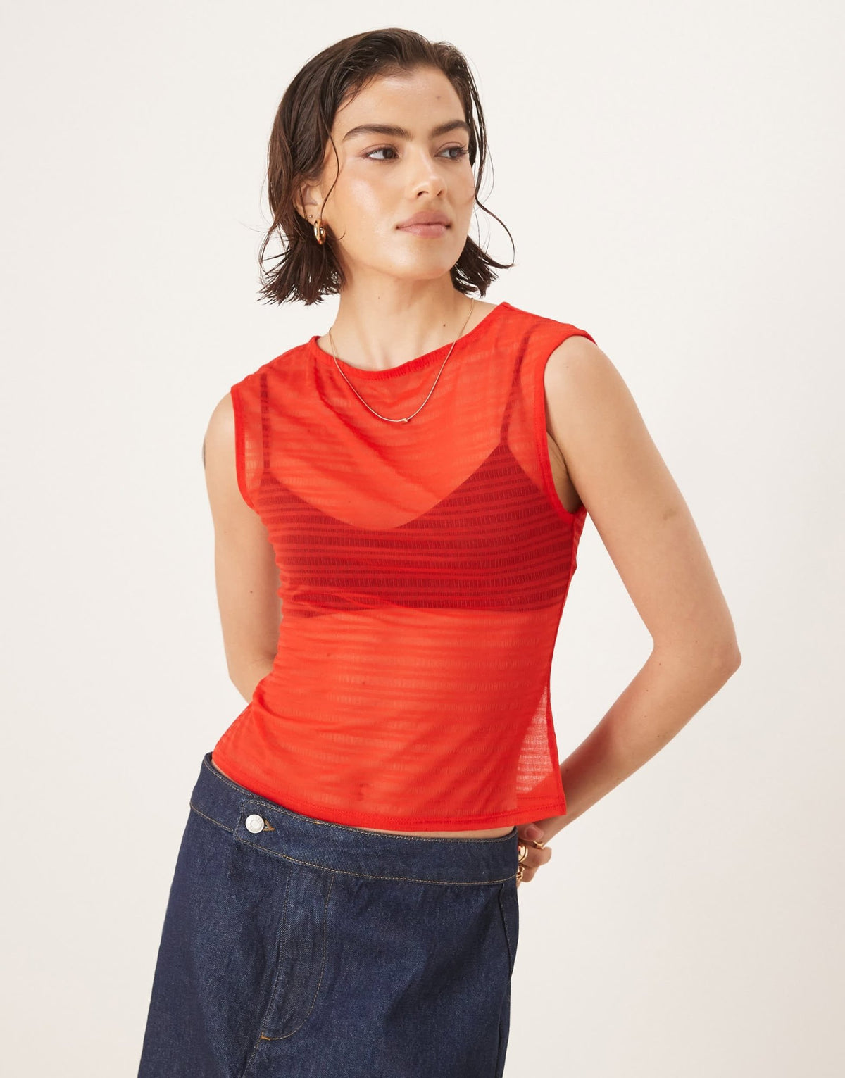 ASOS DESIGN boat neck short sleeve mesh shirred top in red - ASOS Sample Sale
