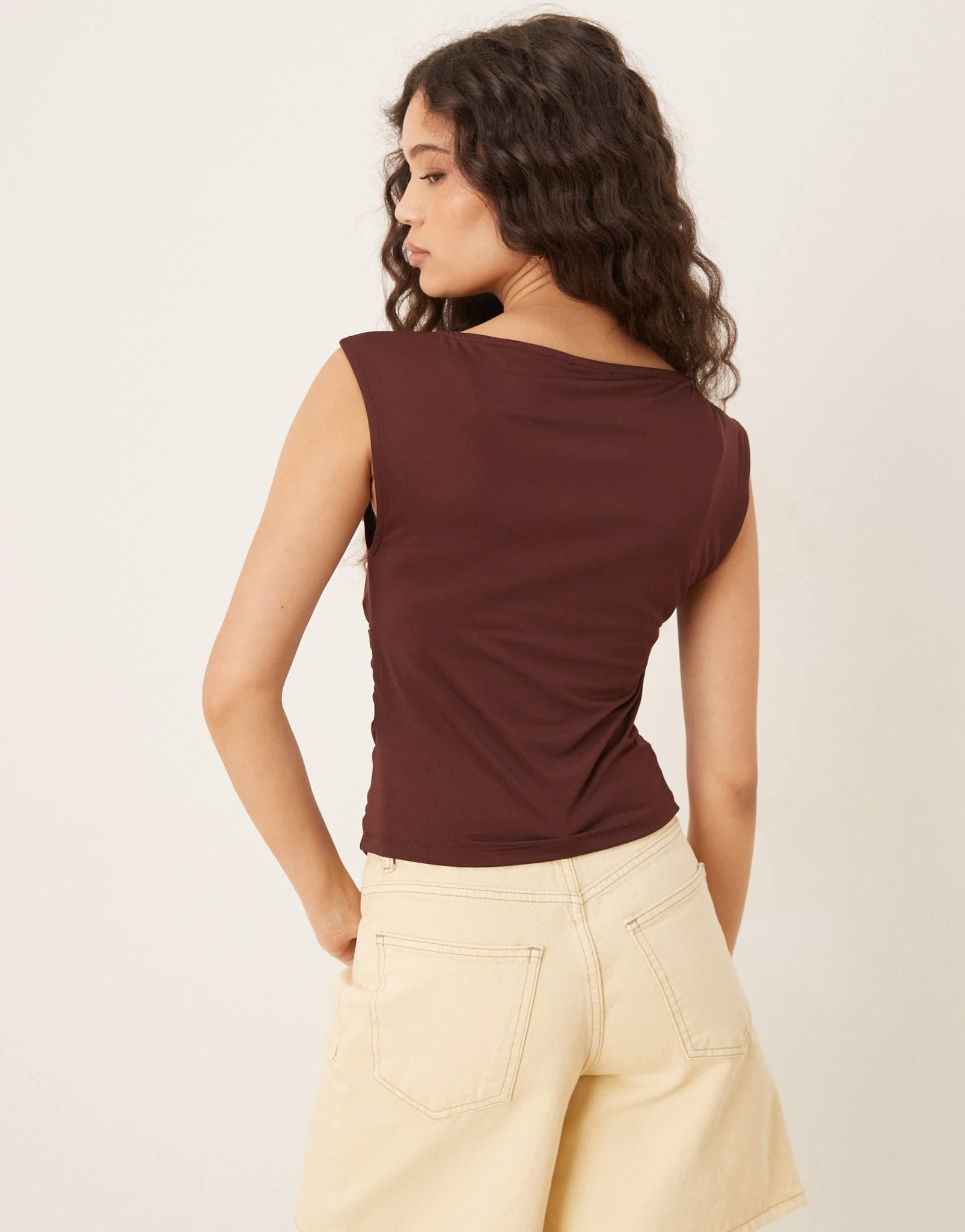 ASOS DESIGN boat neck under bust seam detail top in chocolate - ASOS Sample Sale