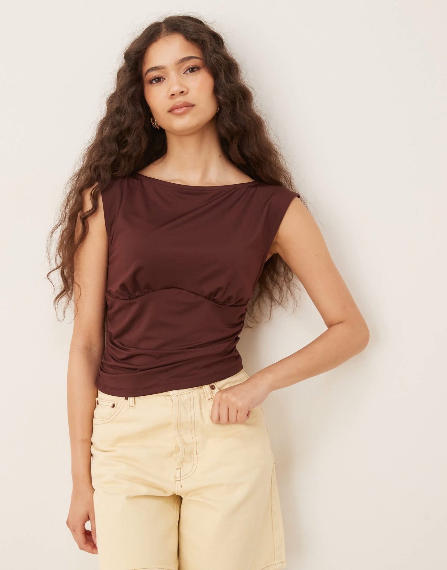 ASOS DESIGN boat neck under bust seam detail top in chocolate - ASOS Sample Sale