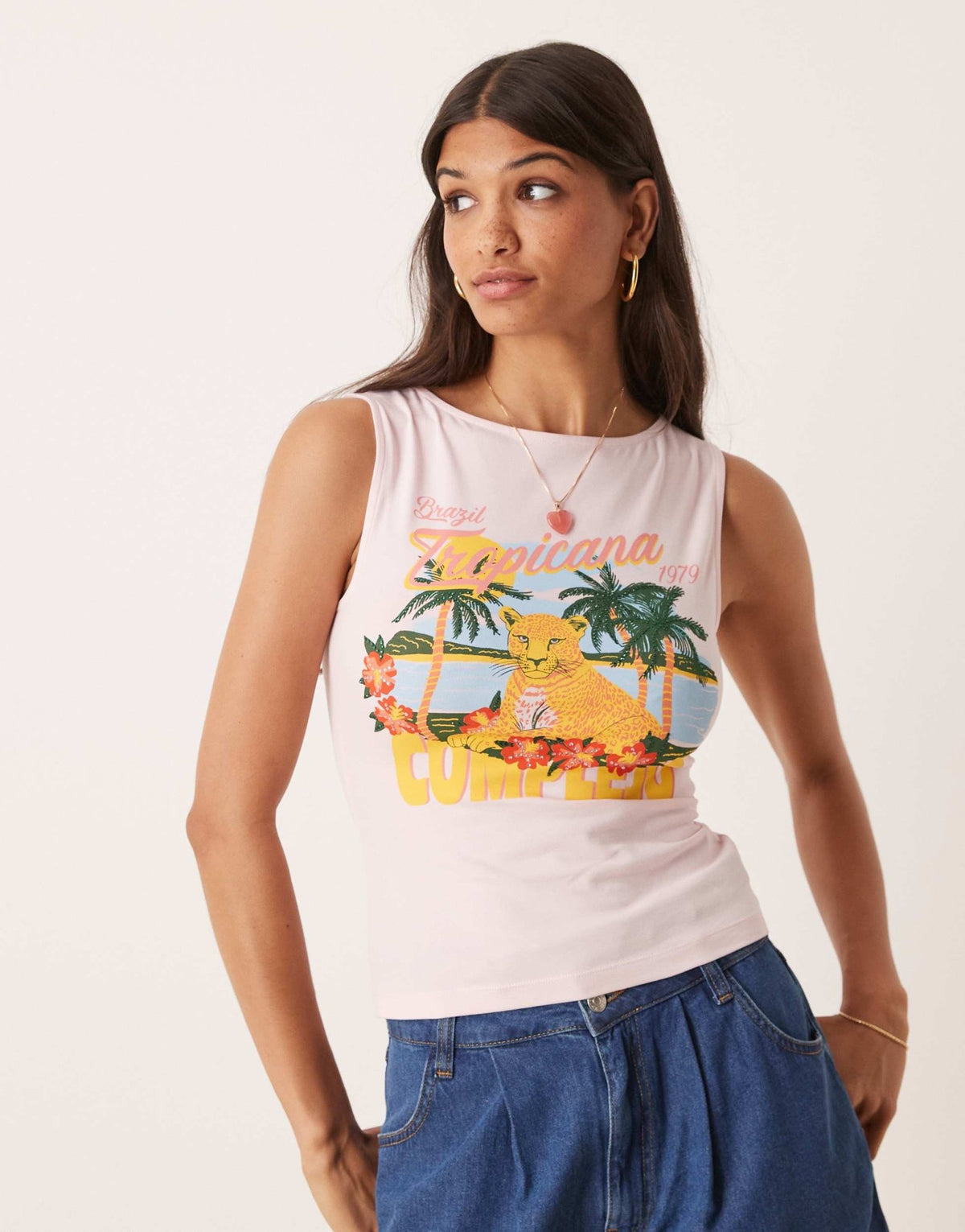 ASOS DESIGN boat neck vest with hotfix postcard graphic in pink - ASOS Sample Sale