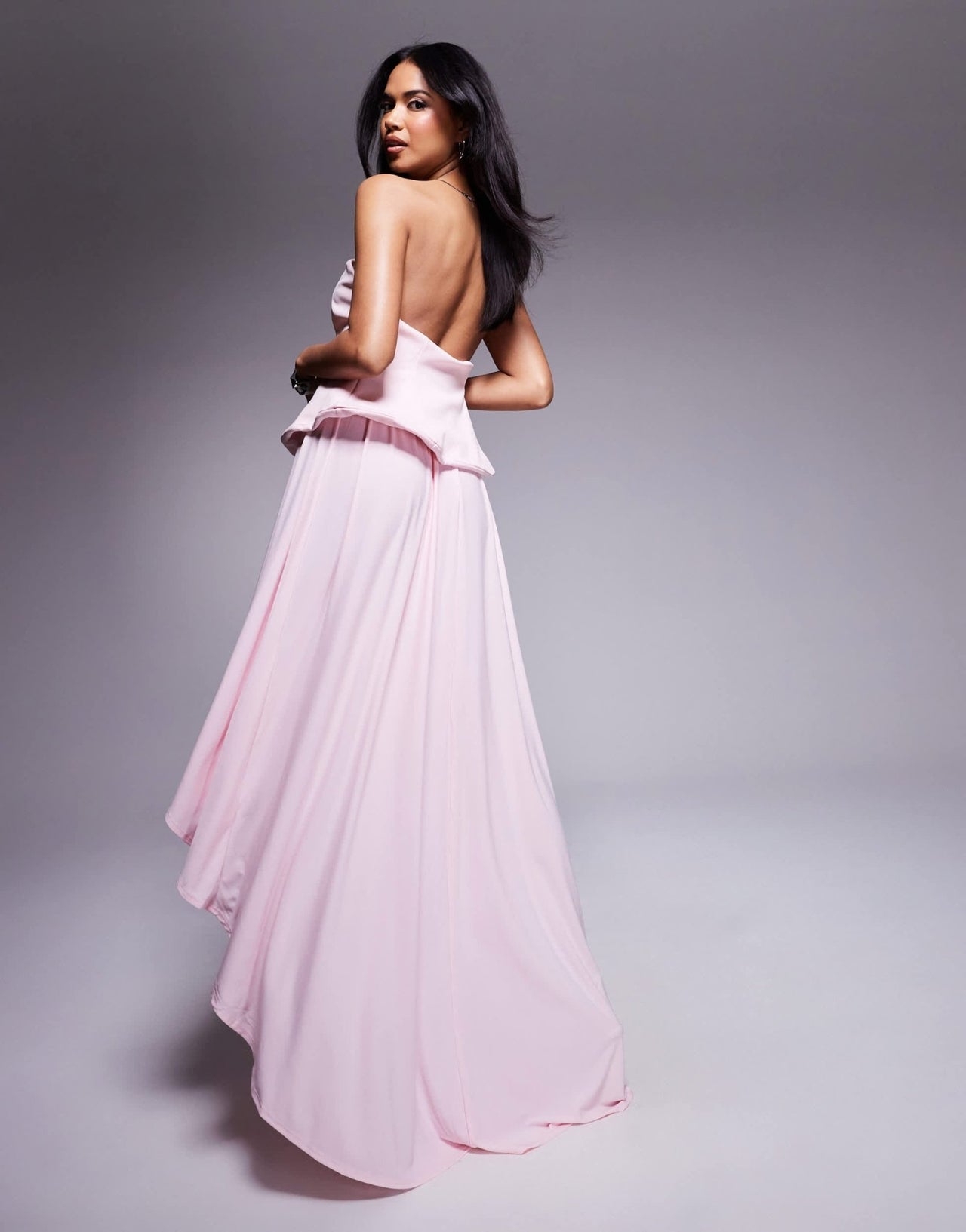ASOS DESIGN bonded bandeau maxi dress with asymmetric full skirt in baby pink in scuba - style fabric - ASOS Sample Sale