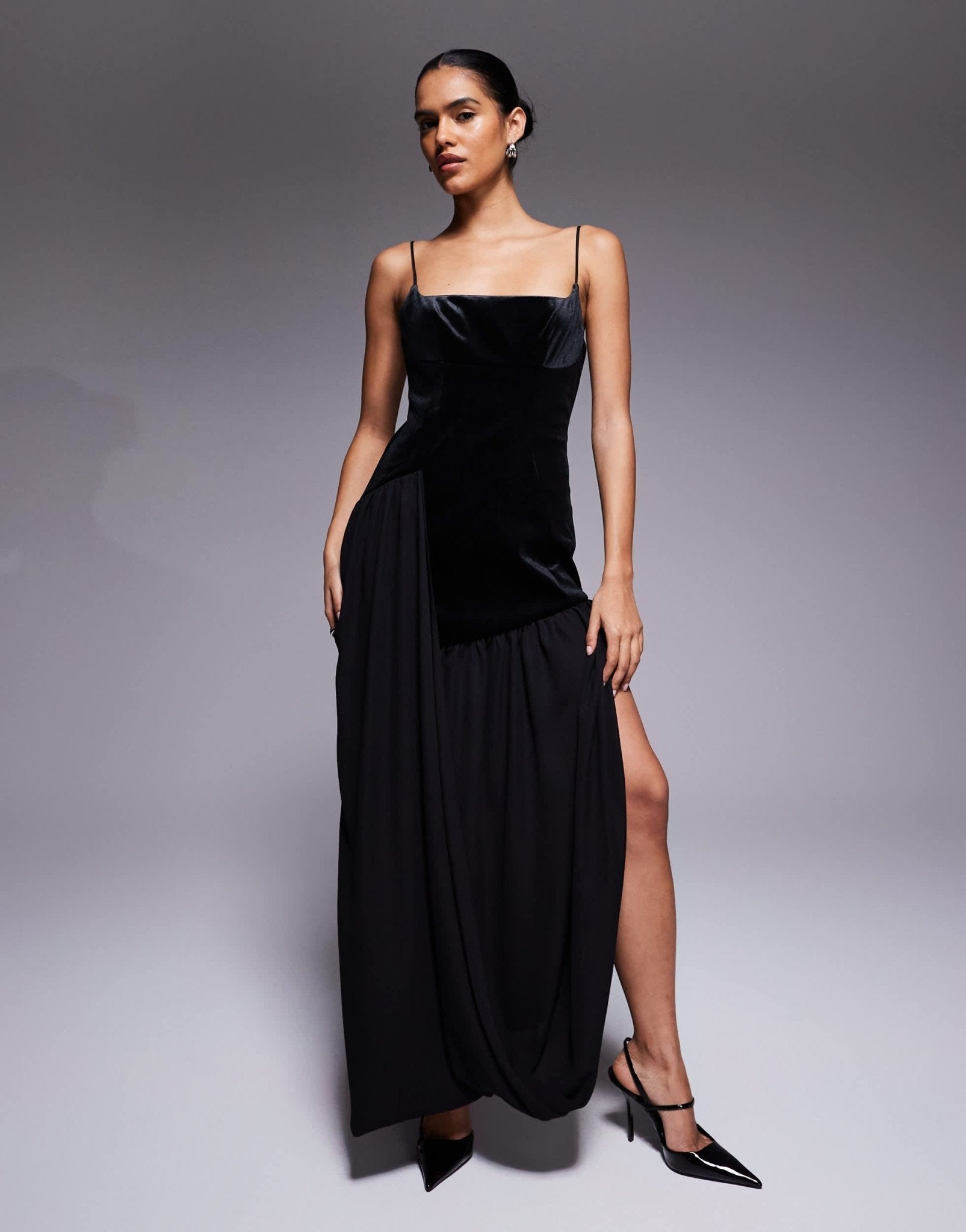 ASOS DESIGN bonded velvet hybrid midi dress with soft drape skirt in black - ASOS Sample Sale