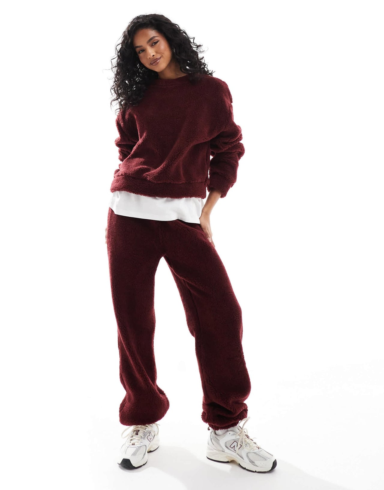 ASOS DESIGN borg cuffed jogger co ord in burgundy - ASOS Sample Sale