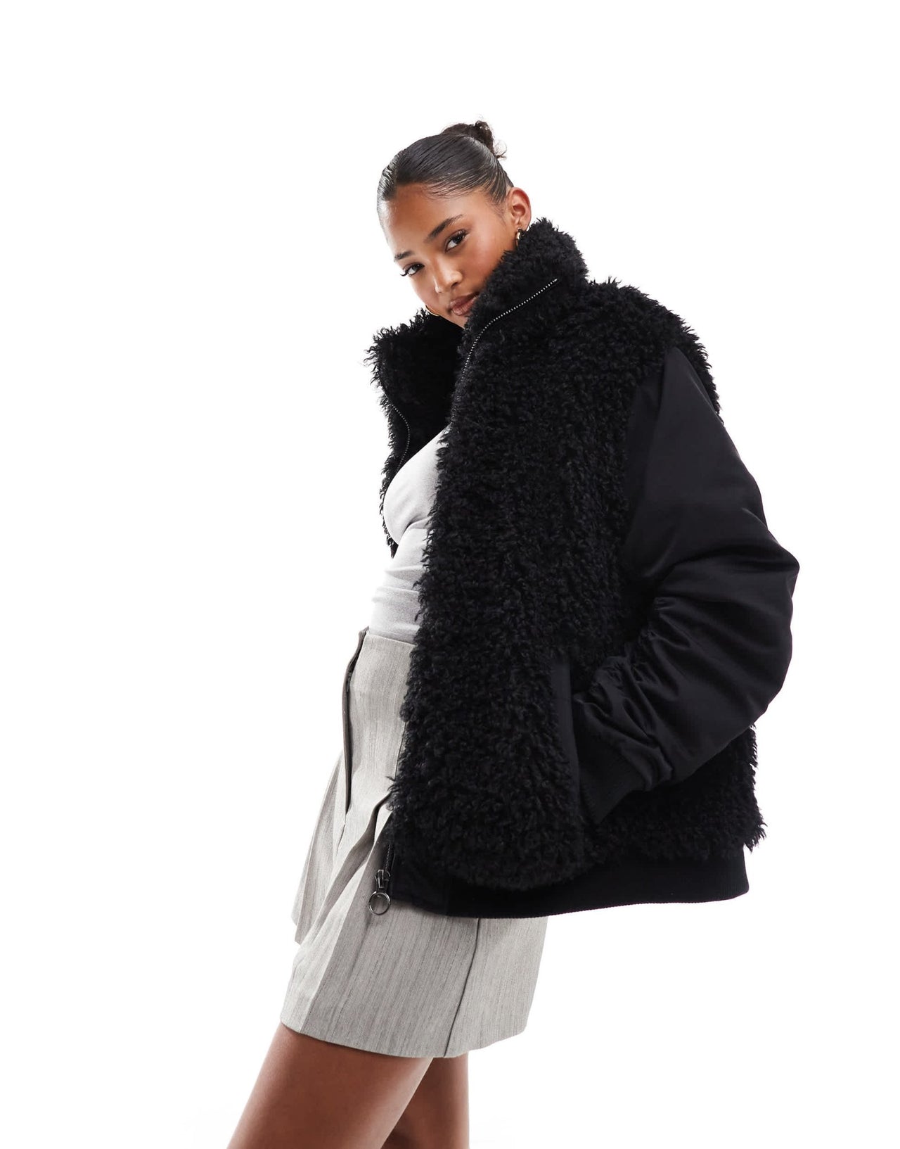 ASOS DESIGN borg patched hybrid bomber jacket in black - ASOS Sample Sale