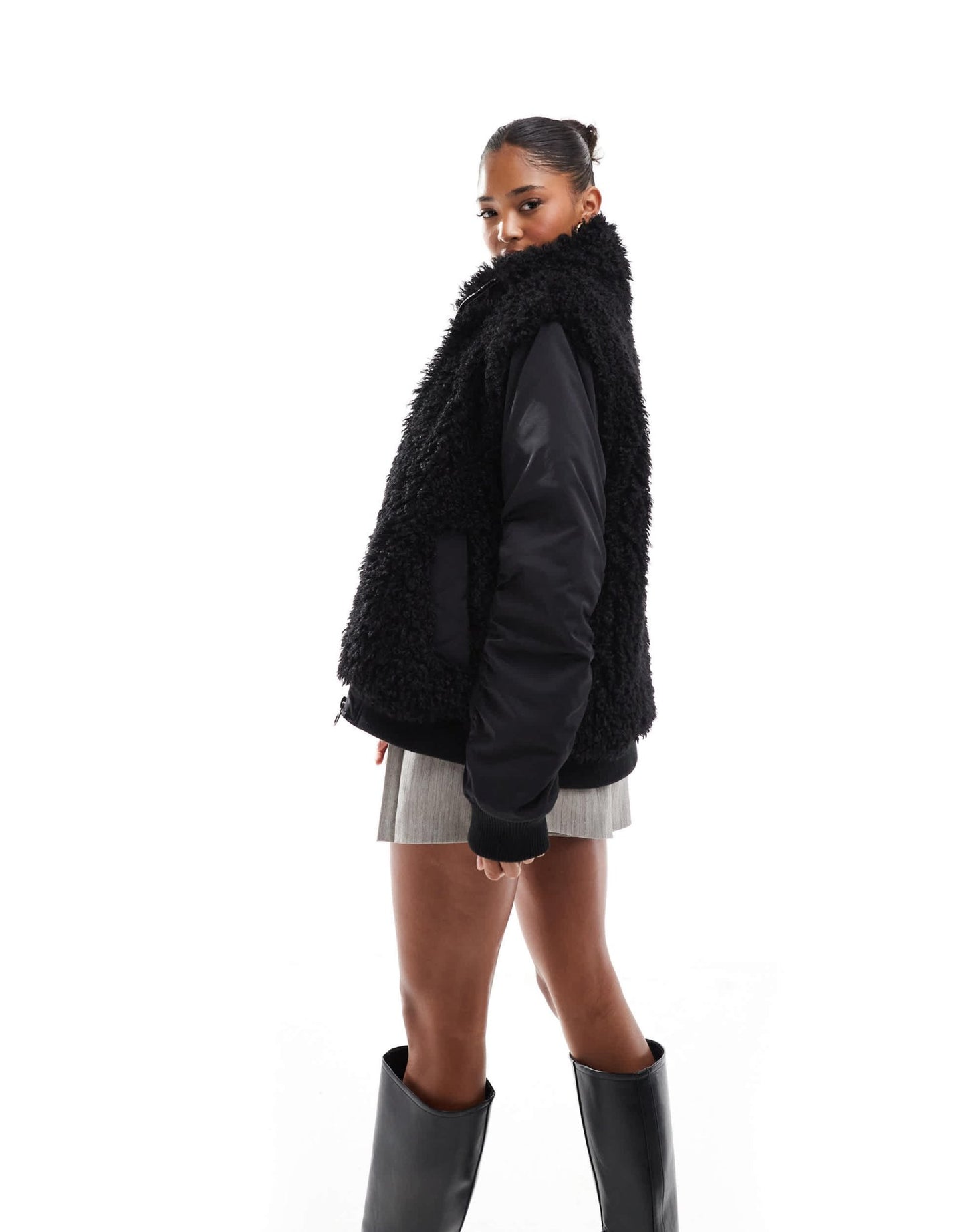 ASOS DESIGN borg patched hybrid bomber jacket in black - ASOS Sample Sale