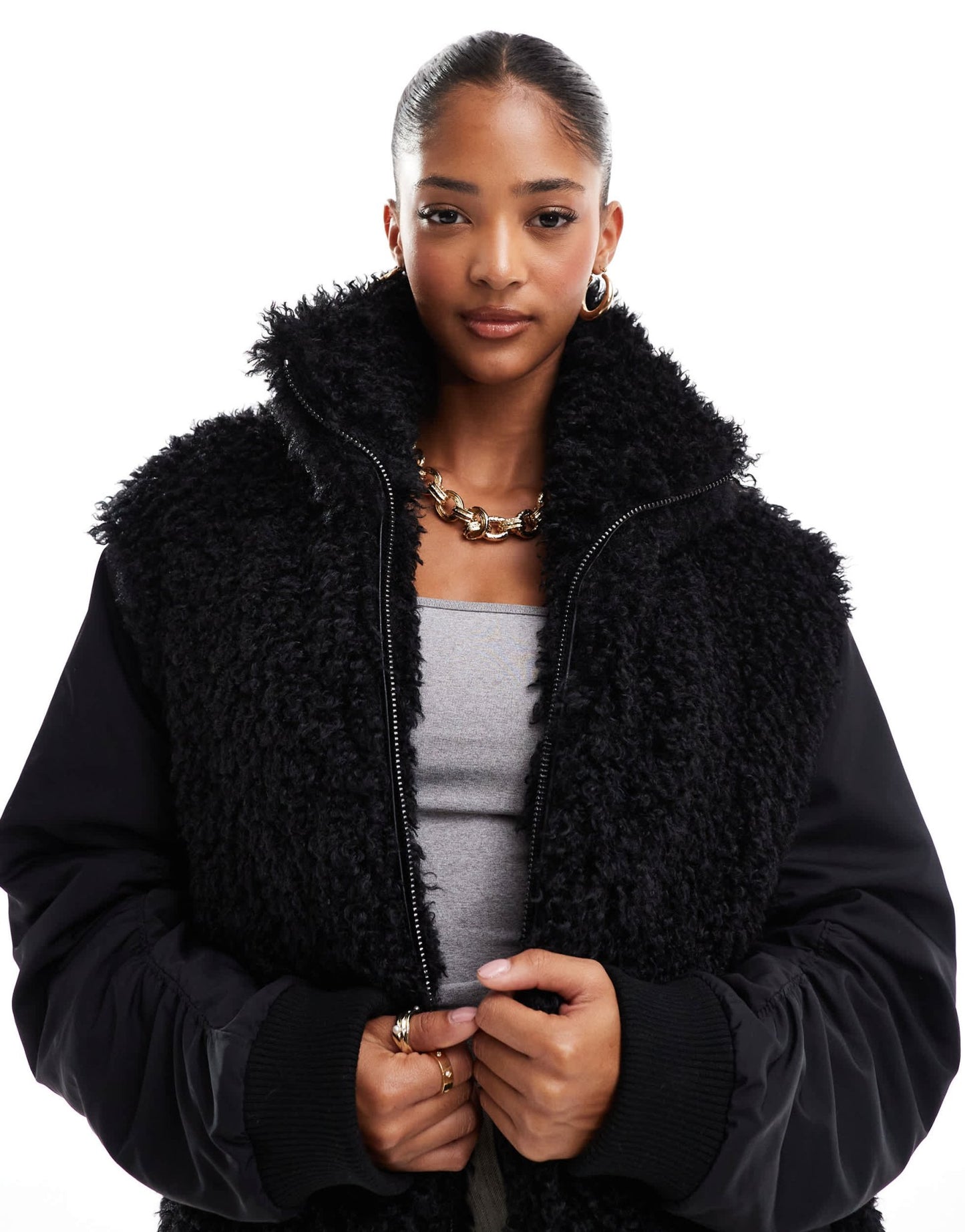 ASOS DESIGN borg patched hybrid bomber jacket in black - ASOS Sample Sale