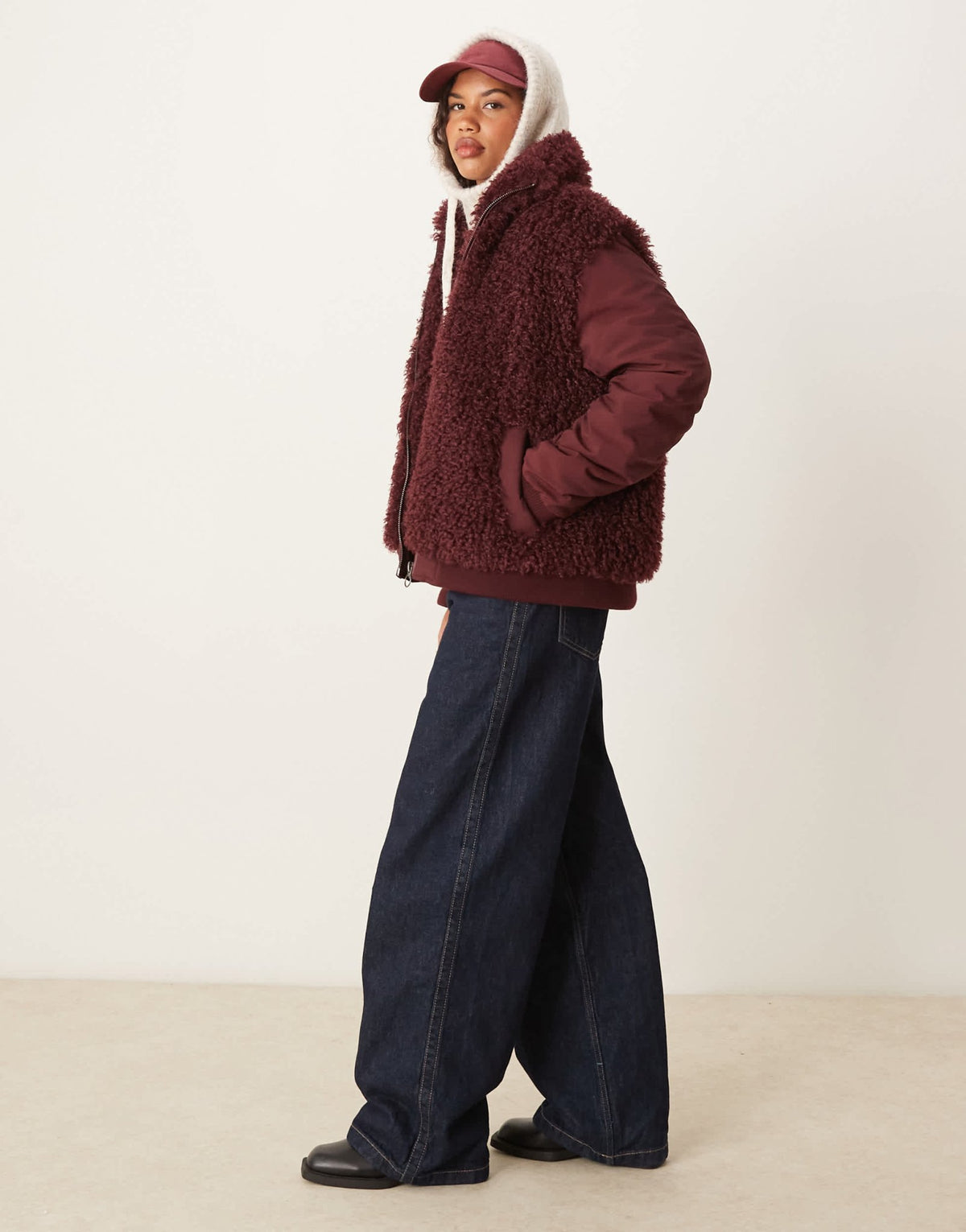 ASOS DESIGN borg patched hybrid bomber jacket in burgundy - ASOS Sample Sale