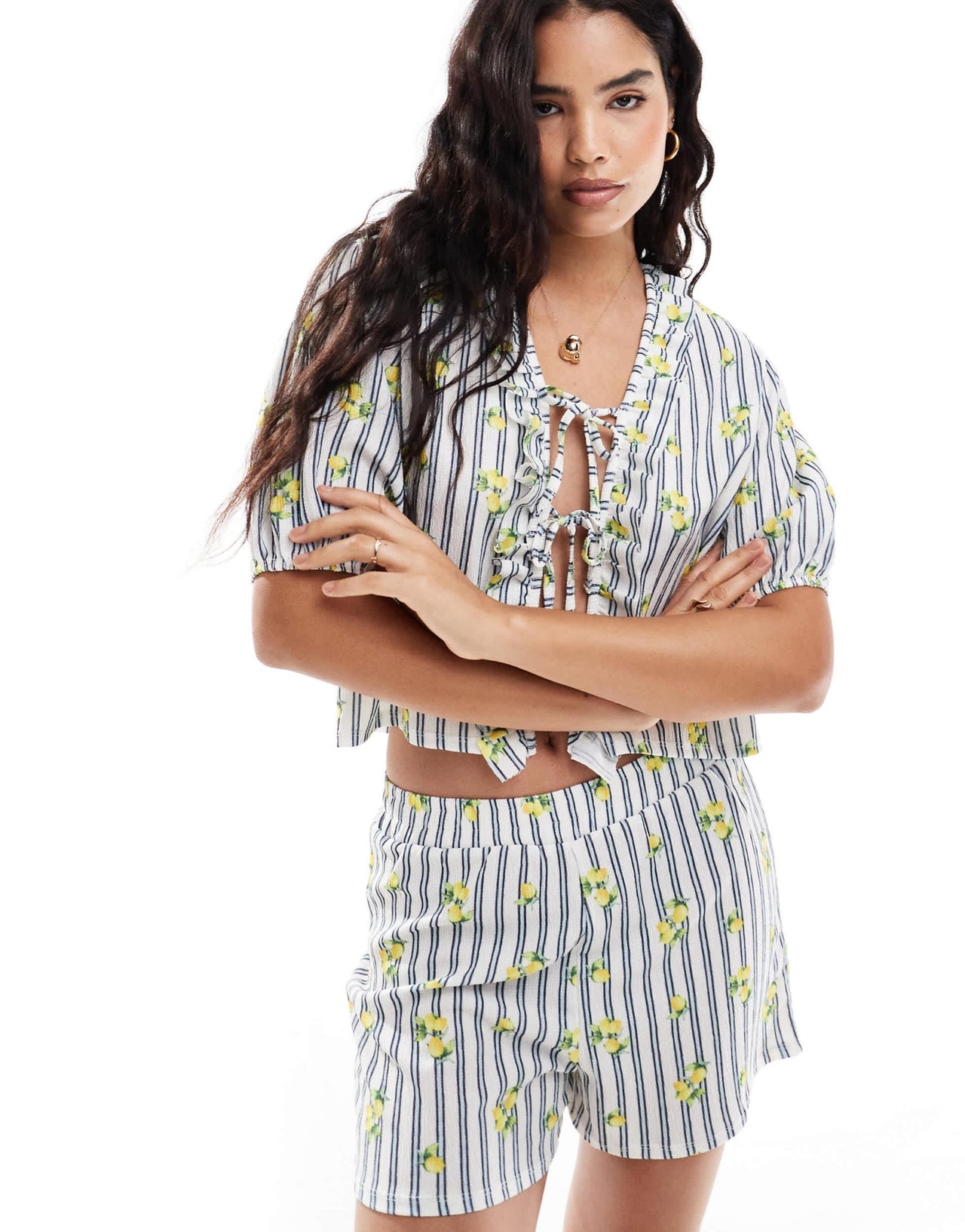 ASOS DESIGN boxer short co - ord in lemon and stripe print - ASOS Sample Sale