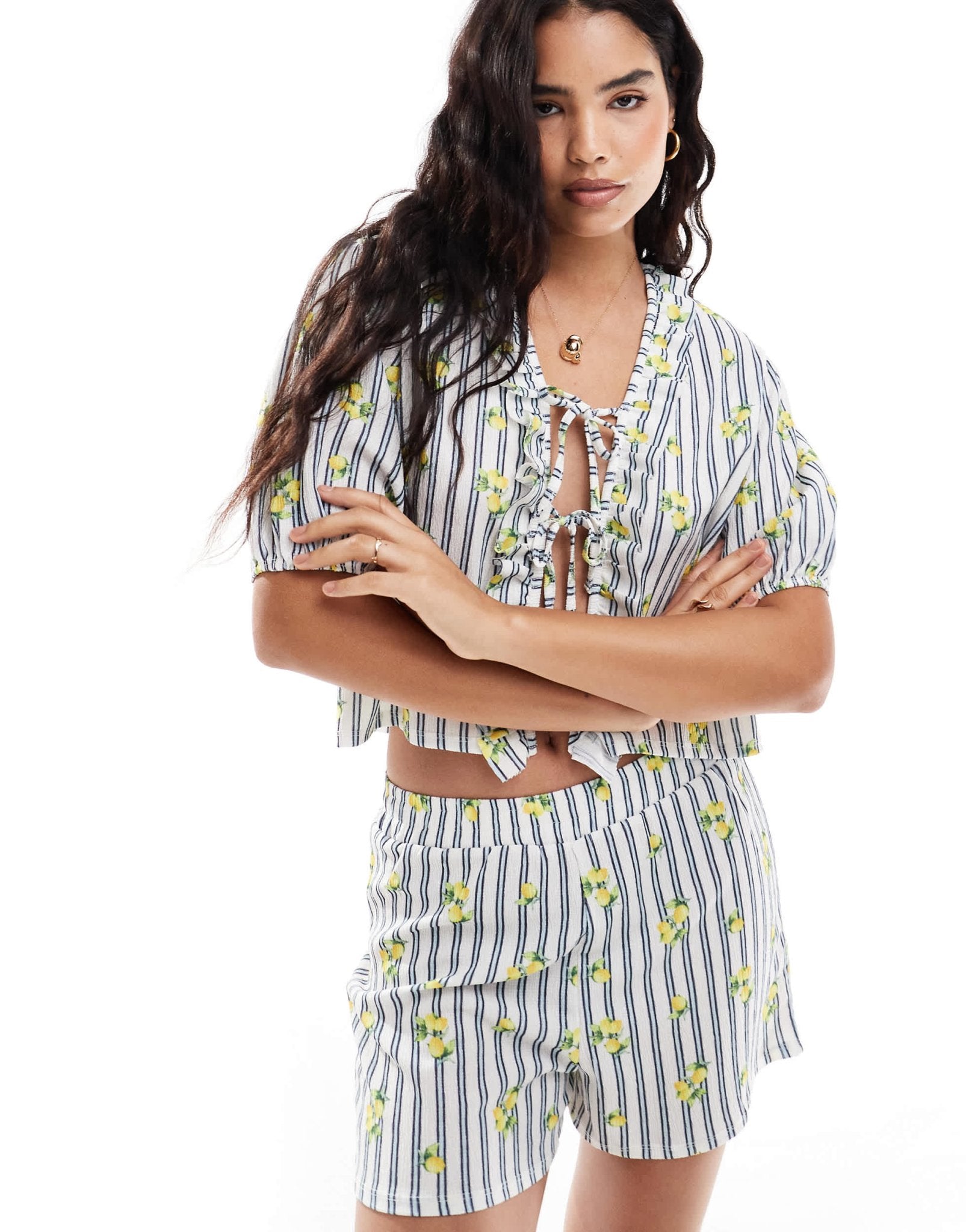 ASOS DESIGN boxer short co - ord in lemon and stripe print - ASOS Sample Sale